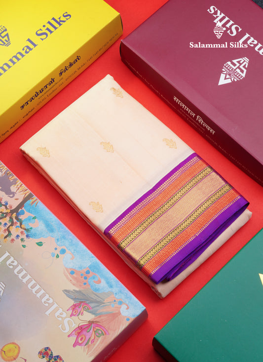 Korvai Peach Pure Kanjivaram Silk Saree With Contrast Vadamalli Traditional Border