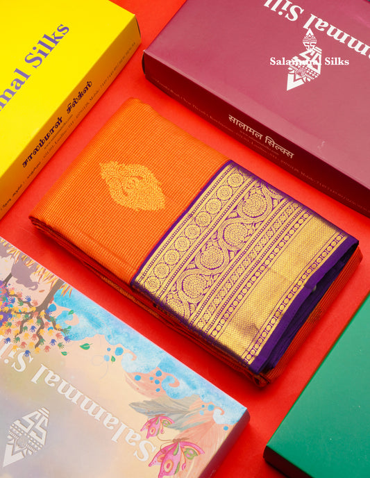 Korvai Orange Tiny Checks Pure Kanjivaram Silk Saree With Contrast Purple Border