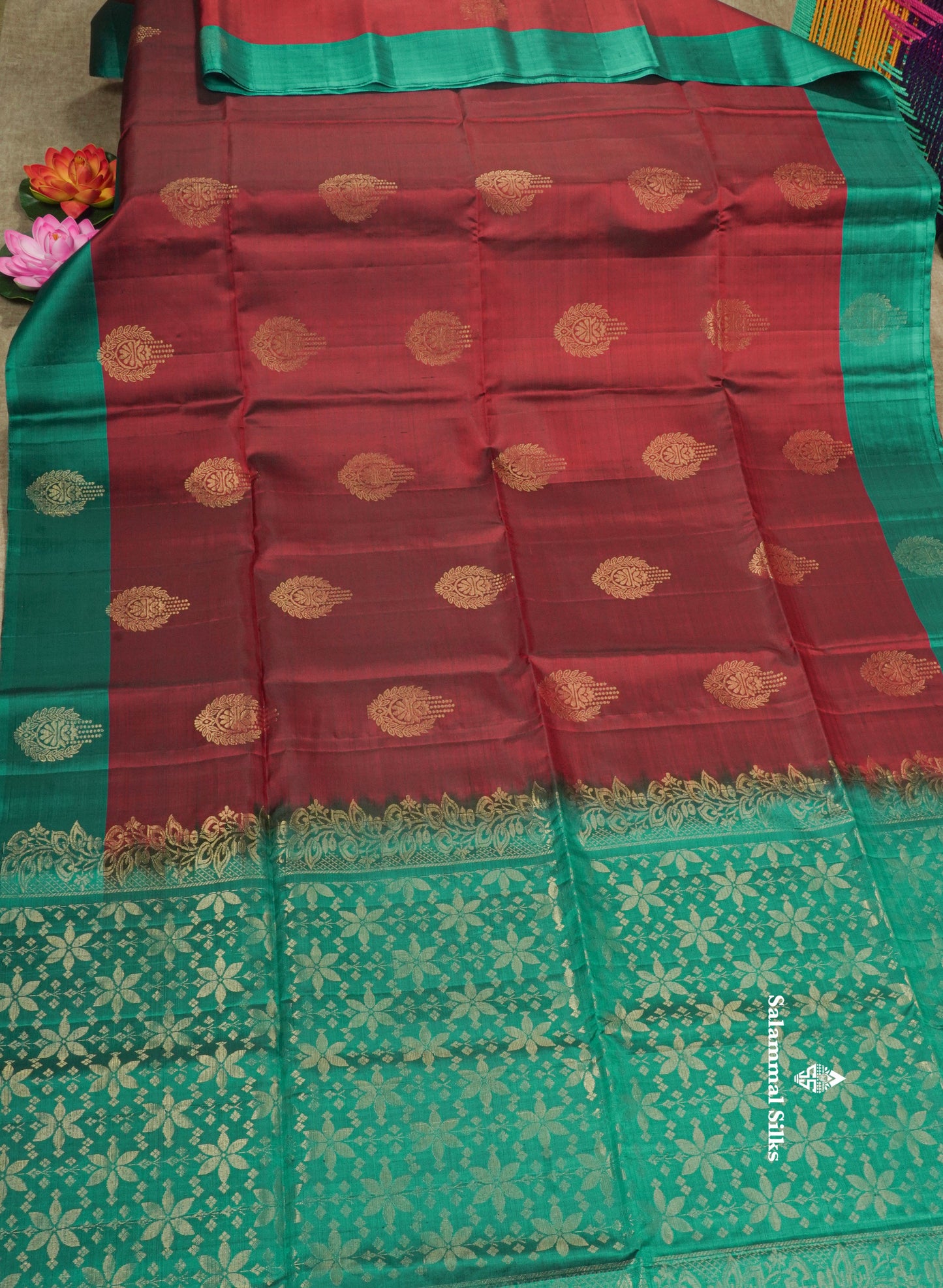 Beautiful Dark Maroon Pure Kanjivaram Soft Silk Saree With Contrast Peacock Green Border