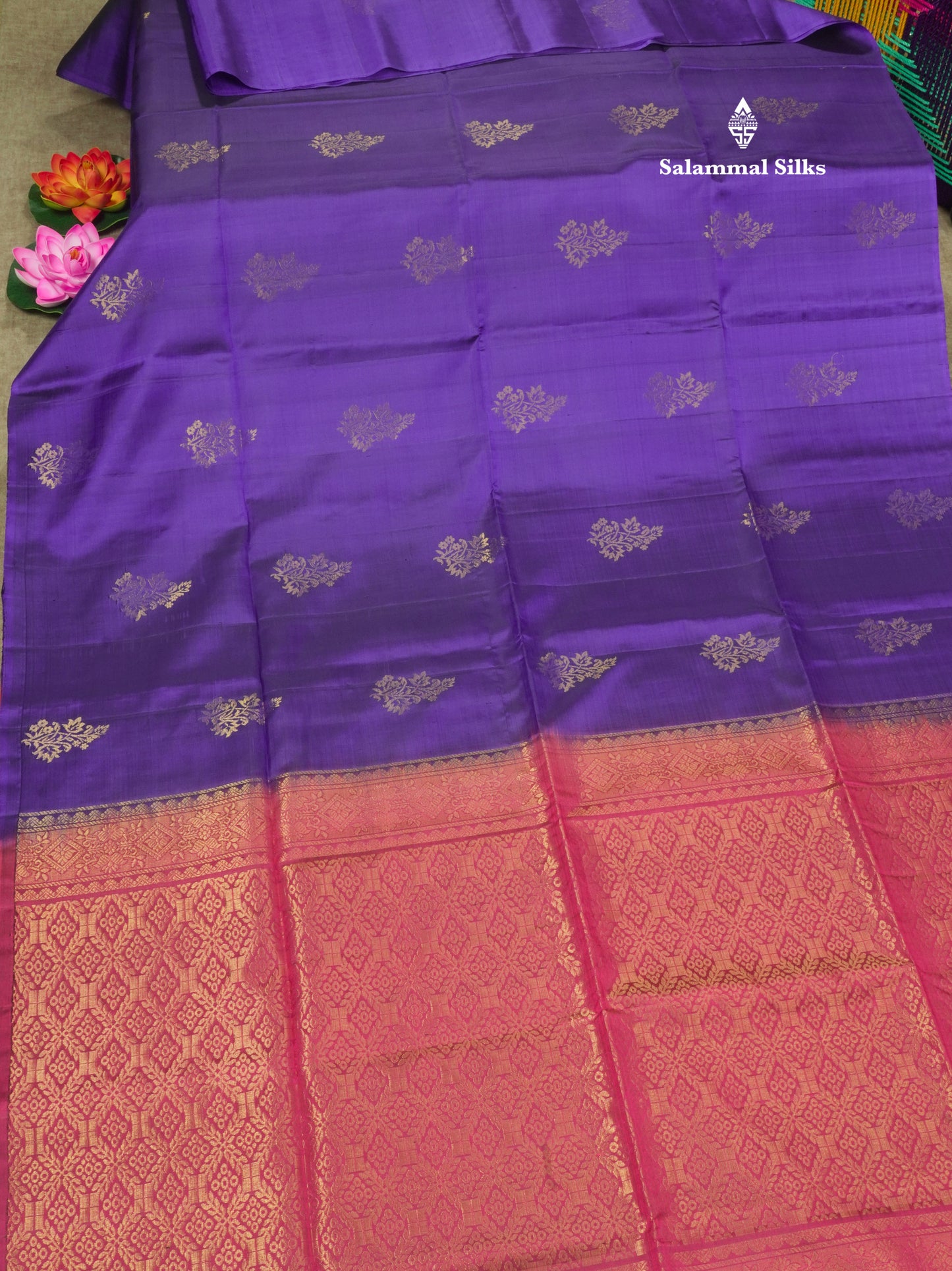 Beautiful Violet Pure Kanjivaram Soft Silk Saree With Contrast Pink Shade Blouse