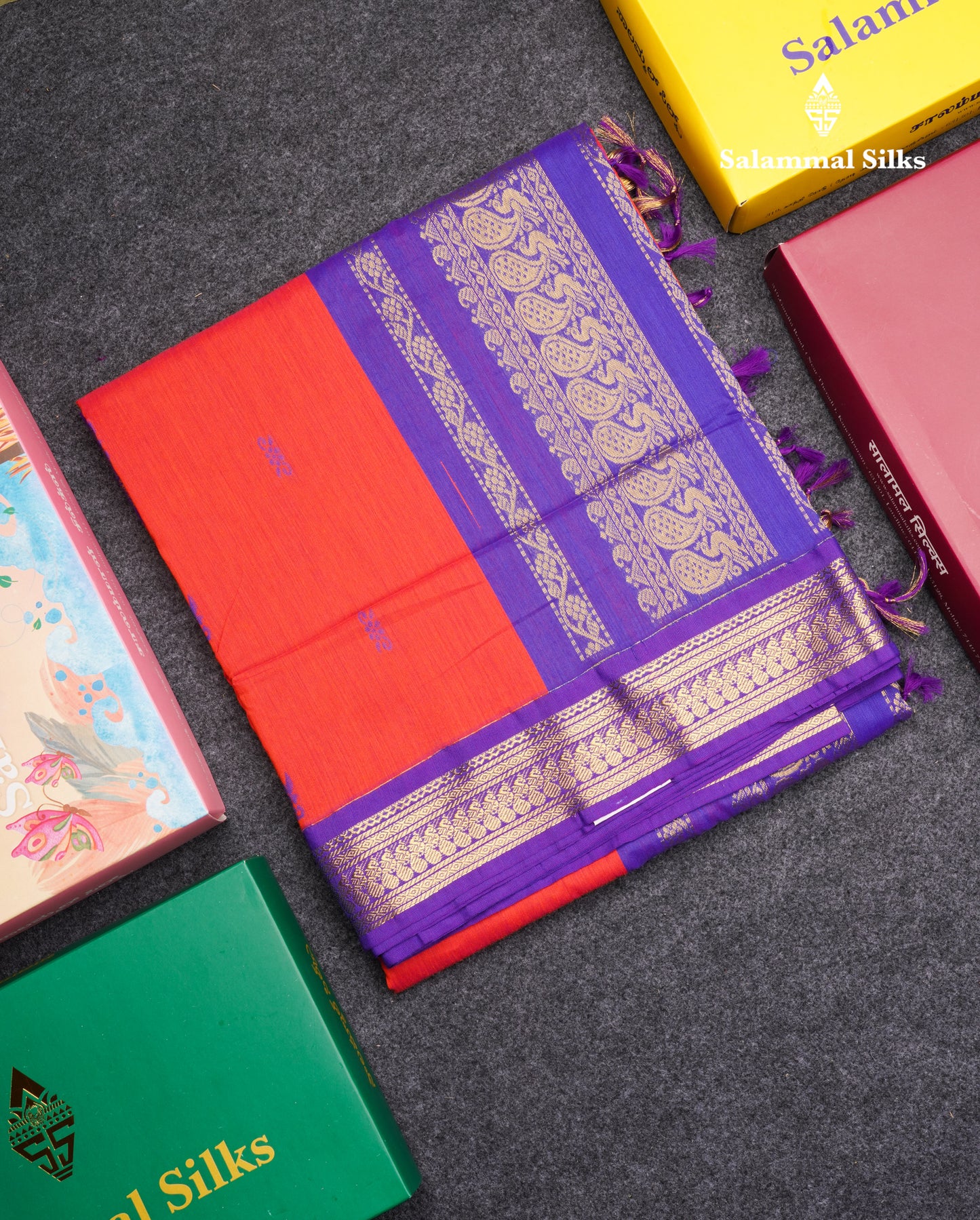 Red Kalyani Cotton Saree With Contrast Violet Border