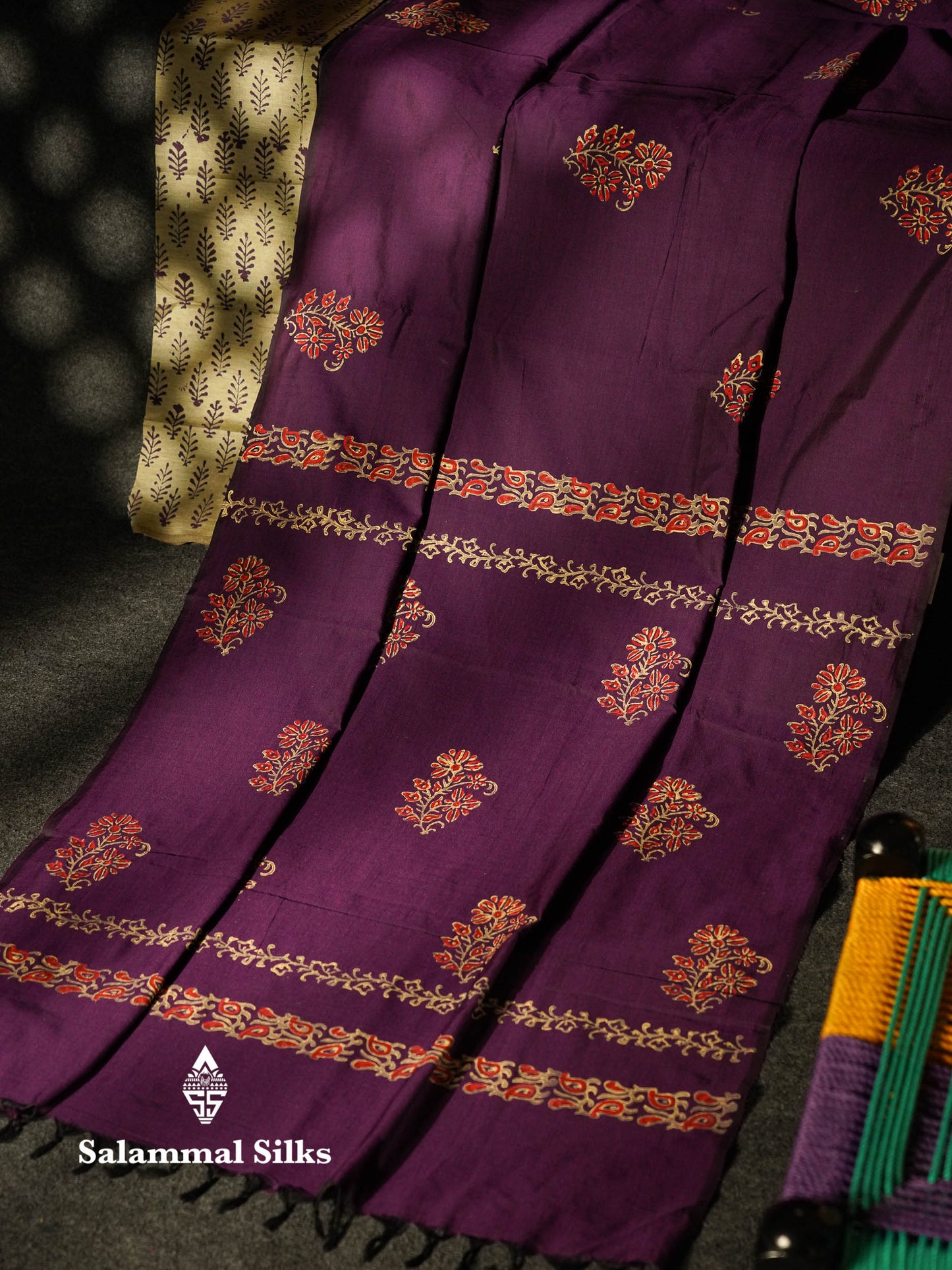 Beautiful Violet Printed South Cotton Saree With Contrast Beige Blouse