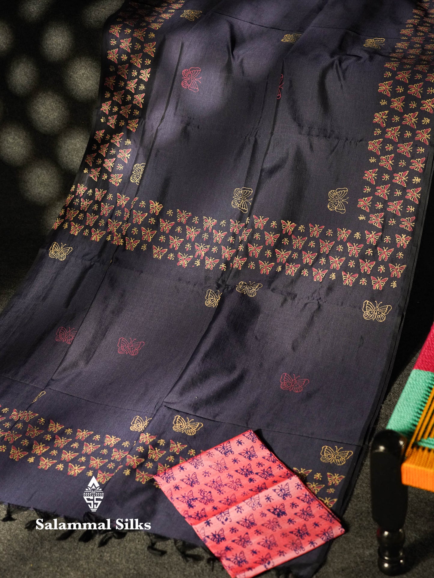 Beautiful Navy Blue Printed South Cotton Saree With Contrast Light Pink Blouse
