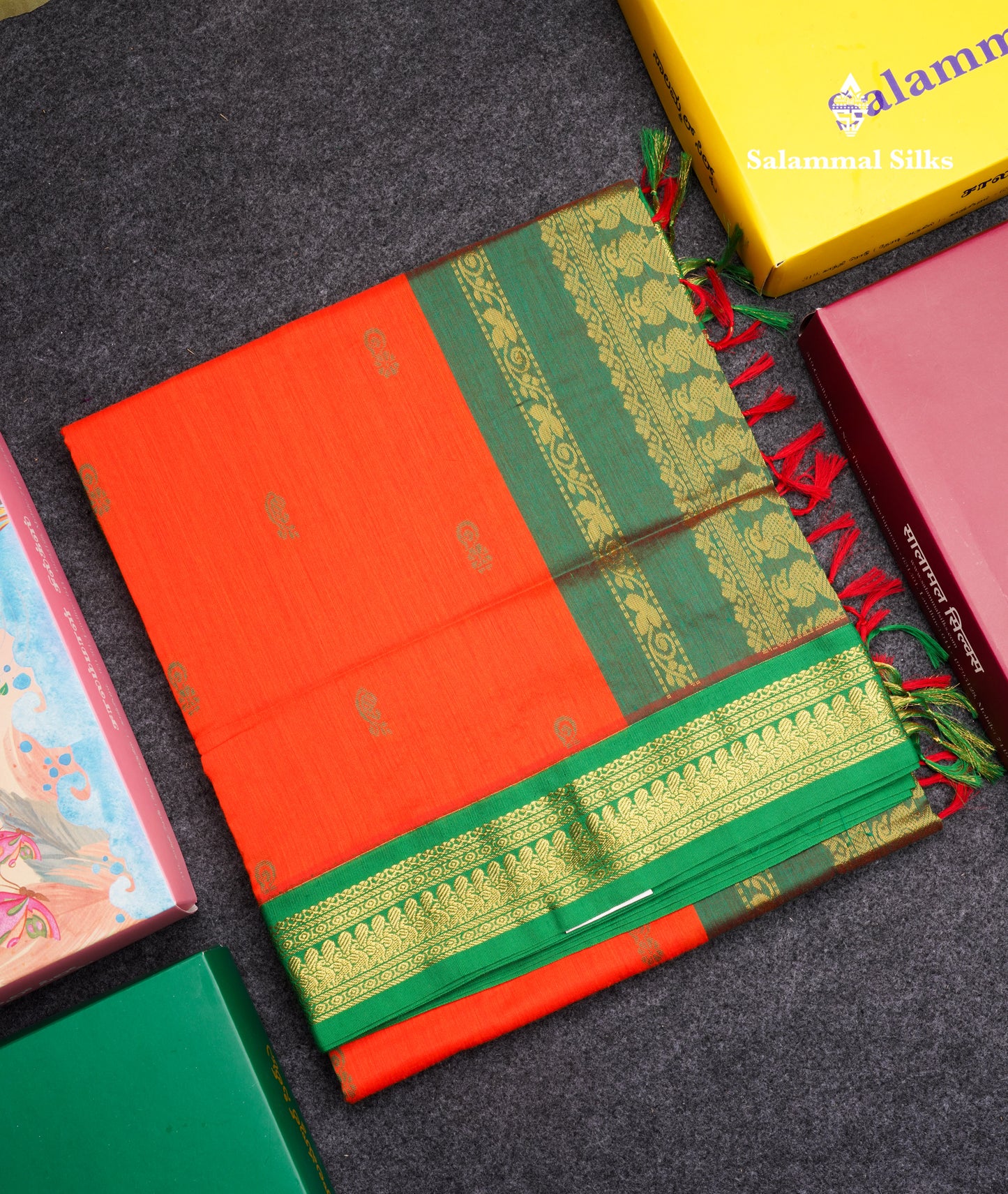 Orange Kalyani Cotton Saree With Contrast Green Border