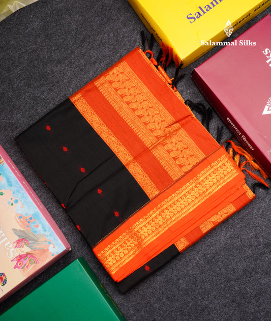 Black Kalyani Cotton Saree With Contrast Orange Border