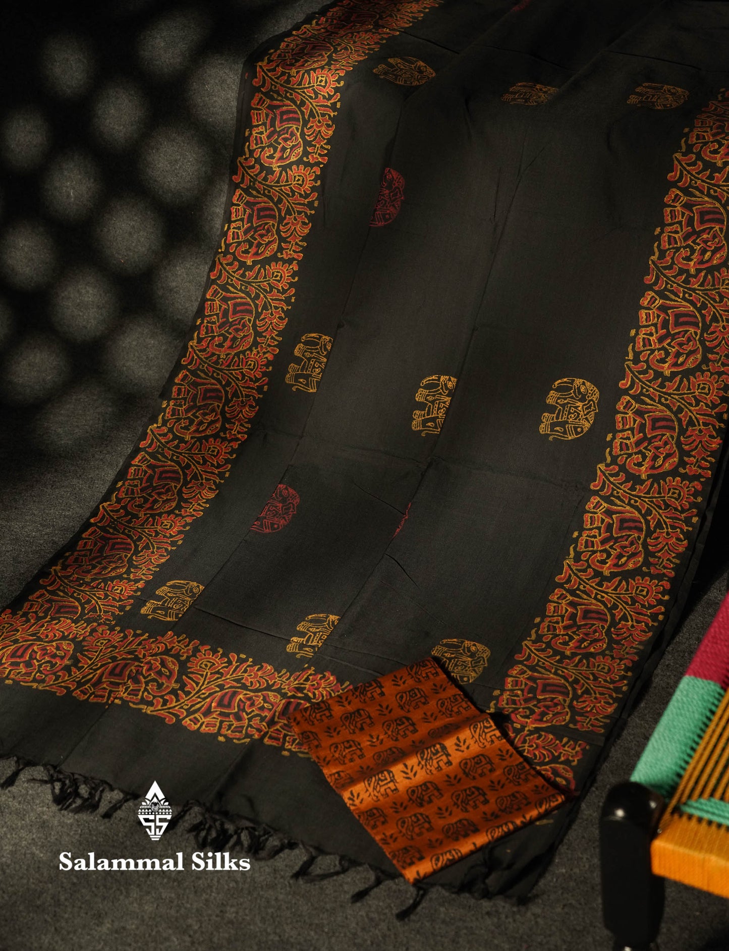 Beautiful Black Printed South Cotton Saree With Contrast Mustard Yellow Blouse