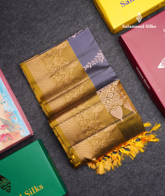 Blue Shade Pure Silk Mix Soft Silk Saree With Contrast Olive Mustard Yellow Border