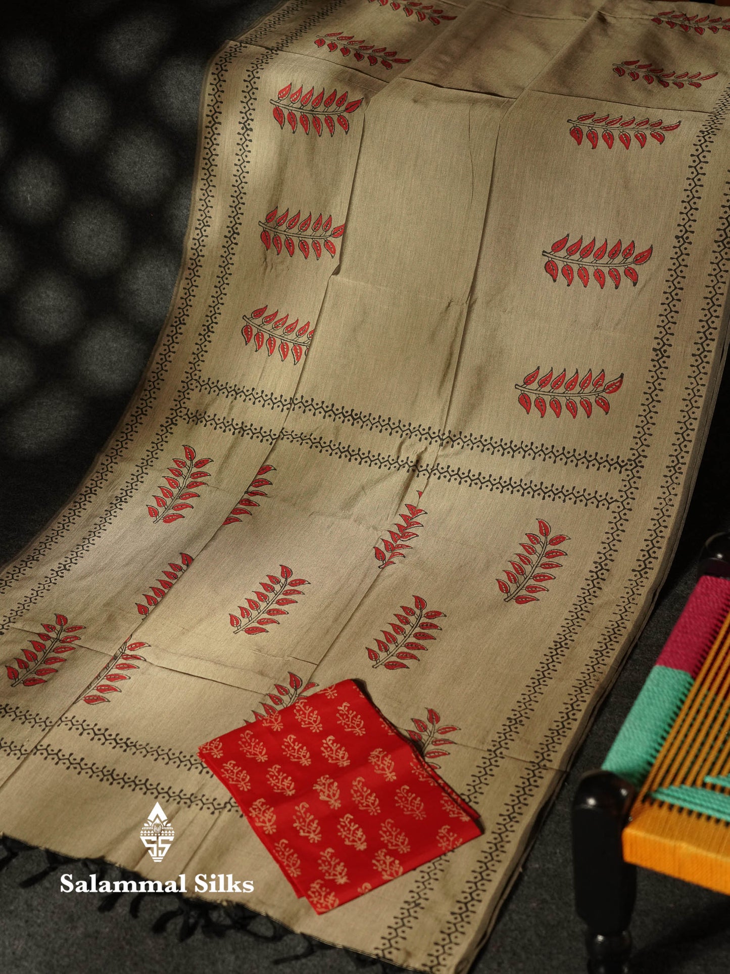 Beautiful Grey Printed South Cotton Saree With Contrast Red Blouse