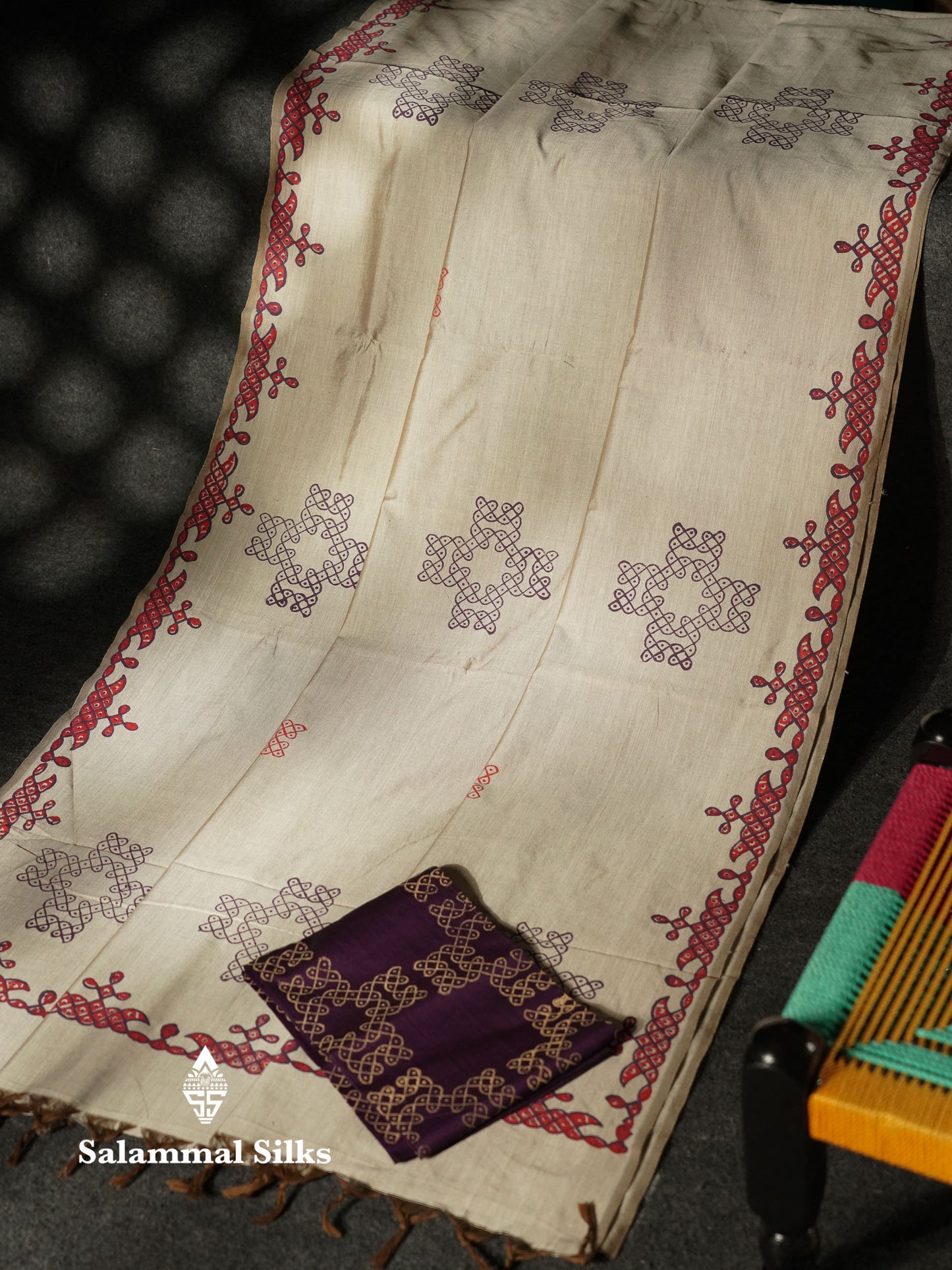 Beautiful Beige Printed South Cotton Saree With Contrast Violet Blouse