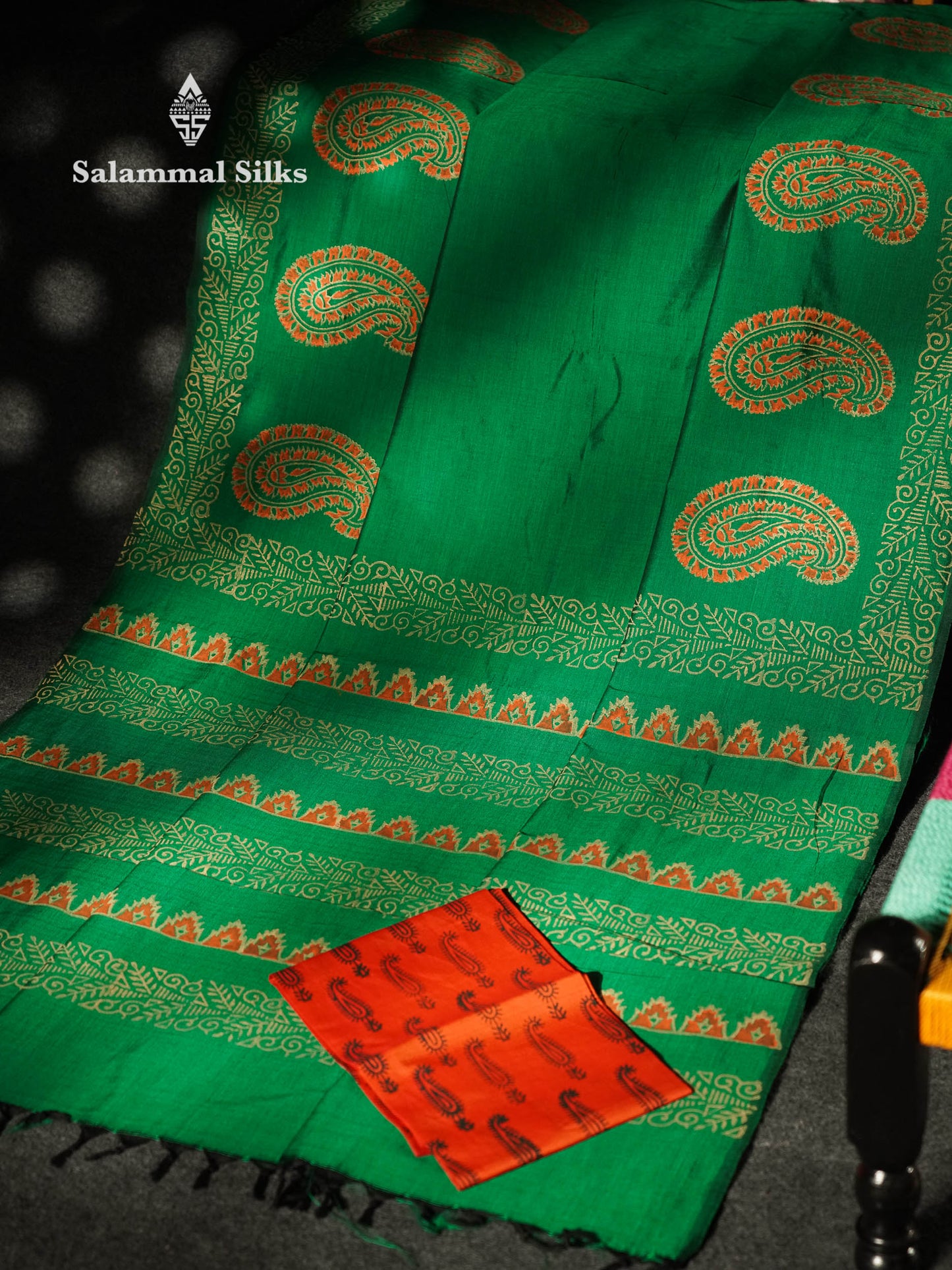 Beautiful Bottle Green Printed South Cotton Saree With Contrast Orange Blouse