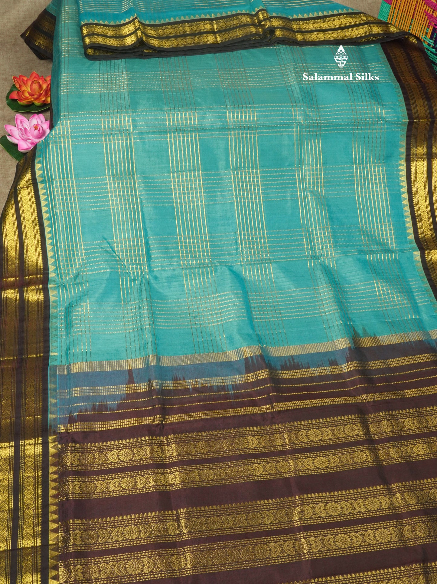 Ramar Blue Pure Silk Cotton Saree With Contrast Dark Brown Traditional Border
