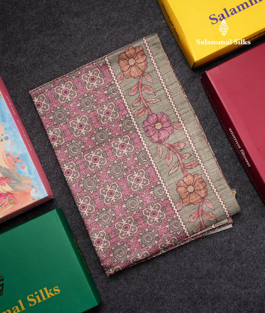 Purple Colour Semi Tussar Ajrah Kalamkari Print Saree With Contrast Pista Green Border