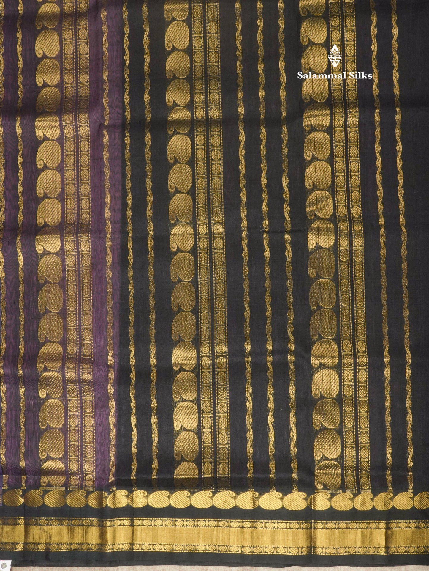 Purple Small Checks Pure Silk Cotton Saree With Contrast Black Traditional Border