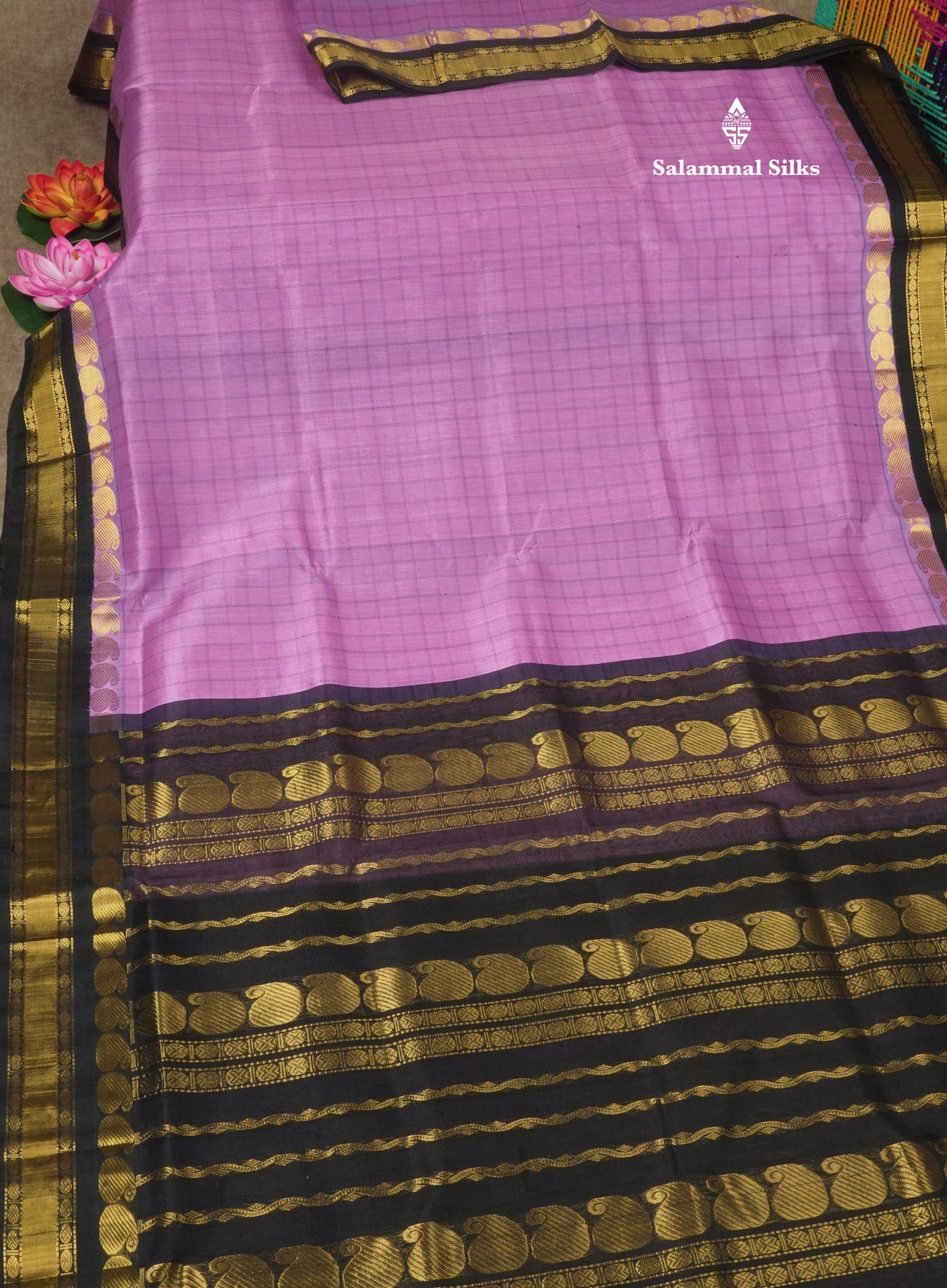 Purple Small Checks Pure Silk Cotton Saree With Contrast Black Traditional Border