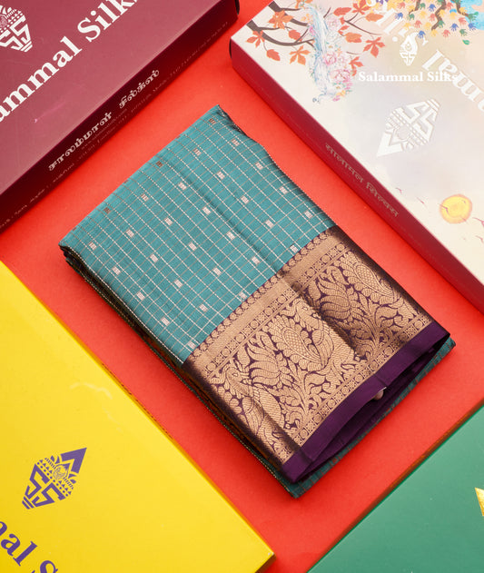 Rama Blue Small Checks Pure Silk Mix Saree With Contrast Purple Border