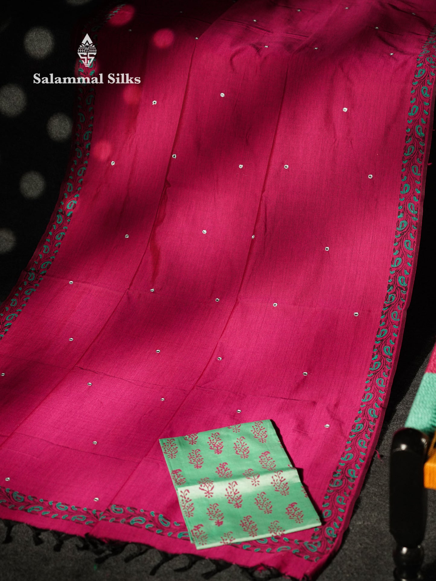 Beautiful Magenta Mirror Work Printed South Cotton Saree With Contrast Light Green Blouse