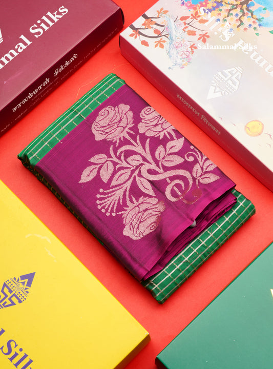 Bottle Green Checks Pure Silk Mix Saree With Contrast Magenta Fancy Border