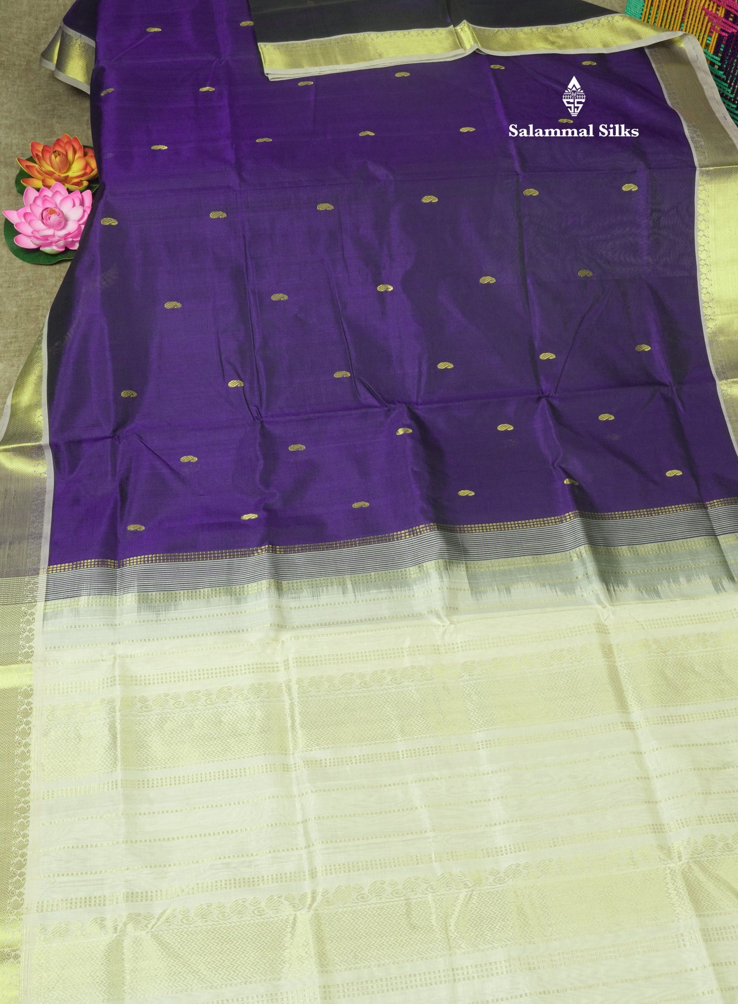 Violet Pure Silk Cotton Saree With Contrast Half White Traditional Border
