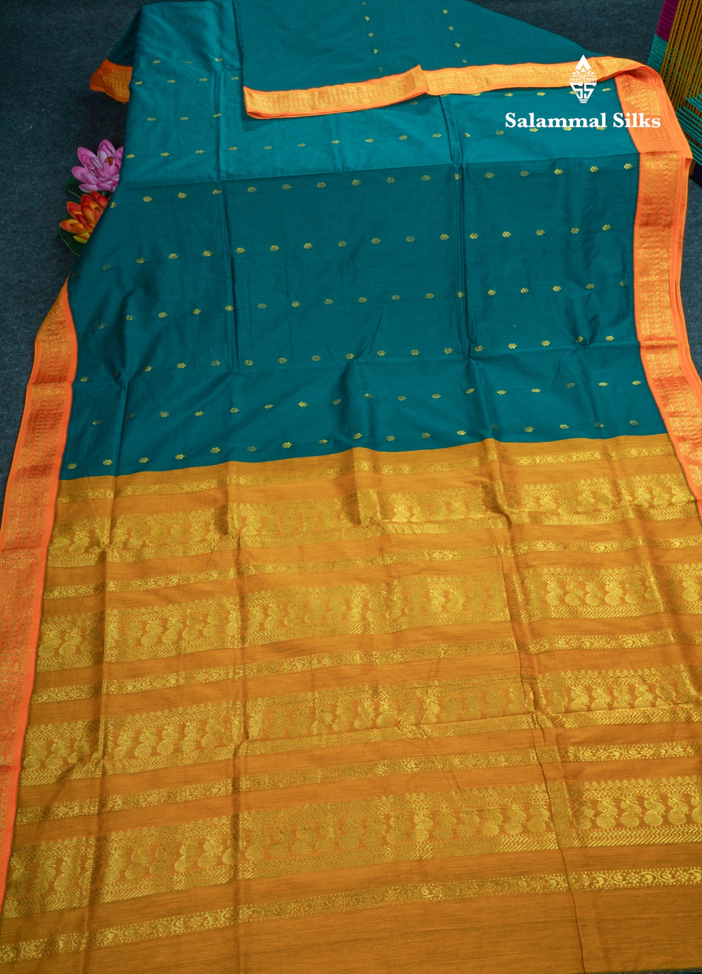 Peacock Green Kalyani Cotton Saree With Contrast Mustard Yellow Border