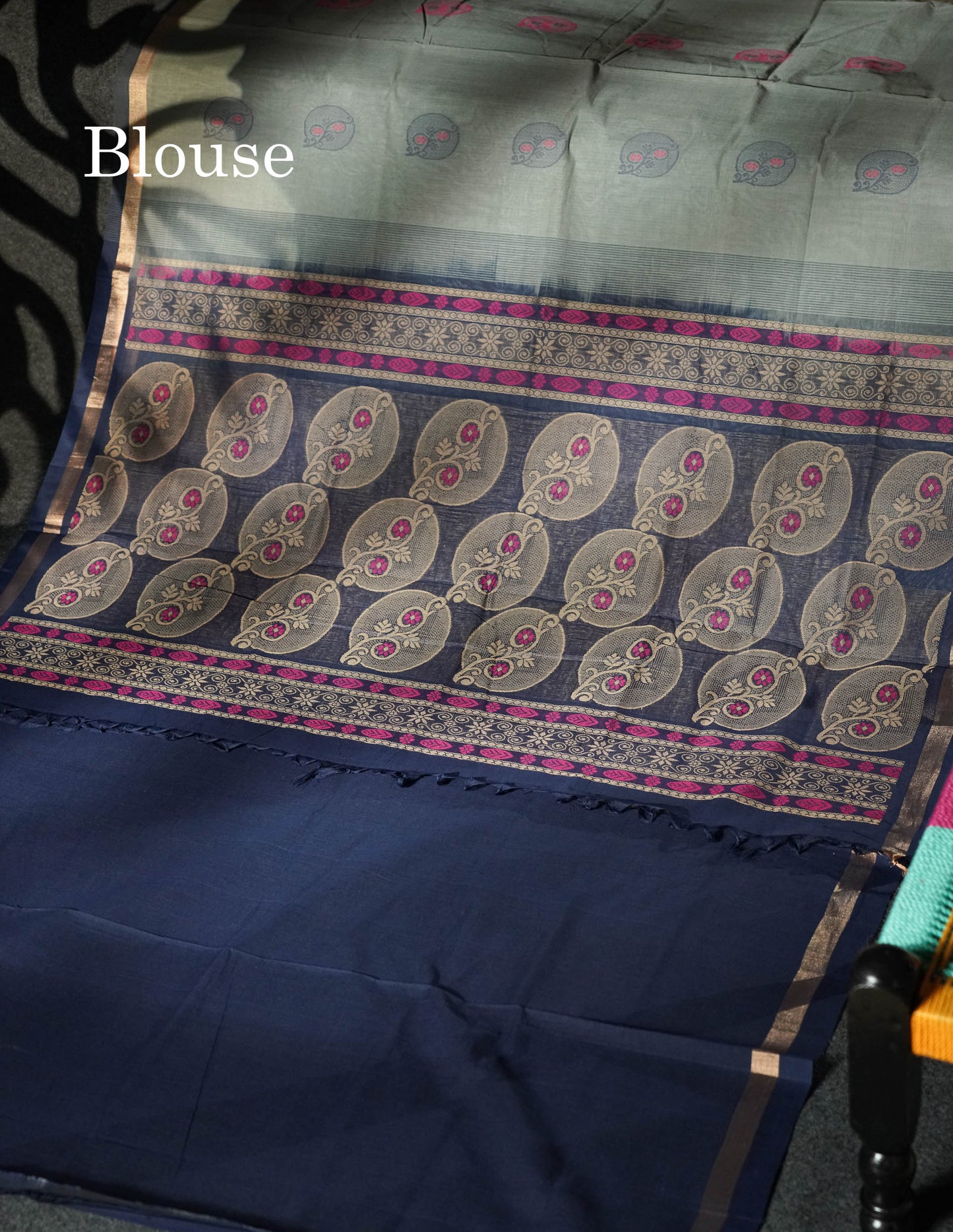 Beautiful Light Grey Thread Buttas Handloom Pure Cotton Saree With Navy Blue Small Border
