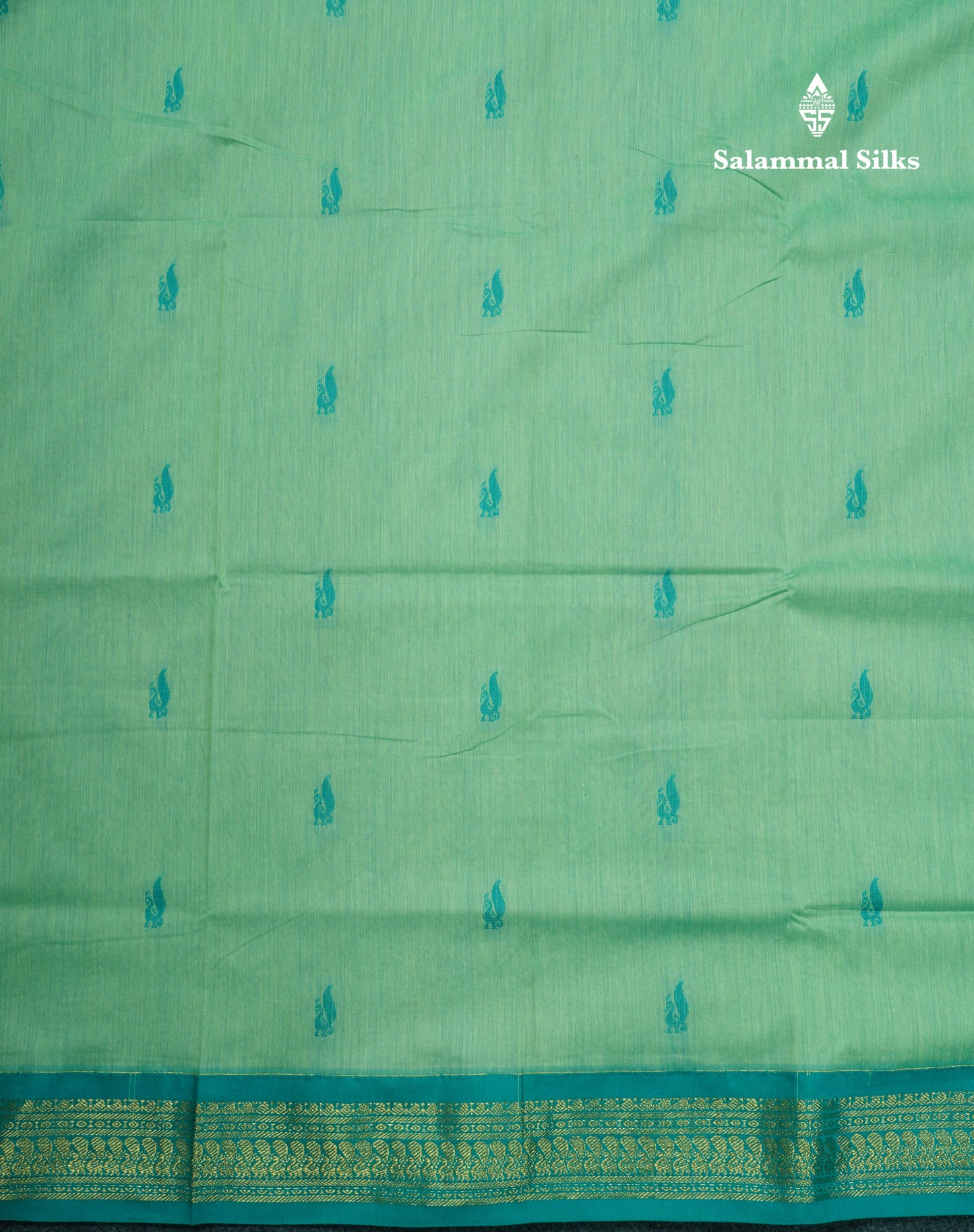 Light Green Kalyani Cotton Saree With Contrast Sapphire Green Border
