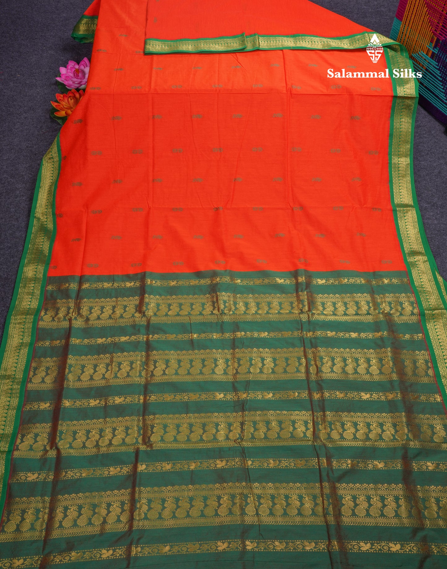 Orange Kalyani Cotton Saree With Contrast Green Border