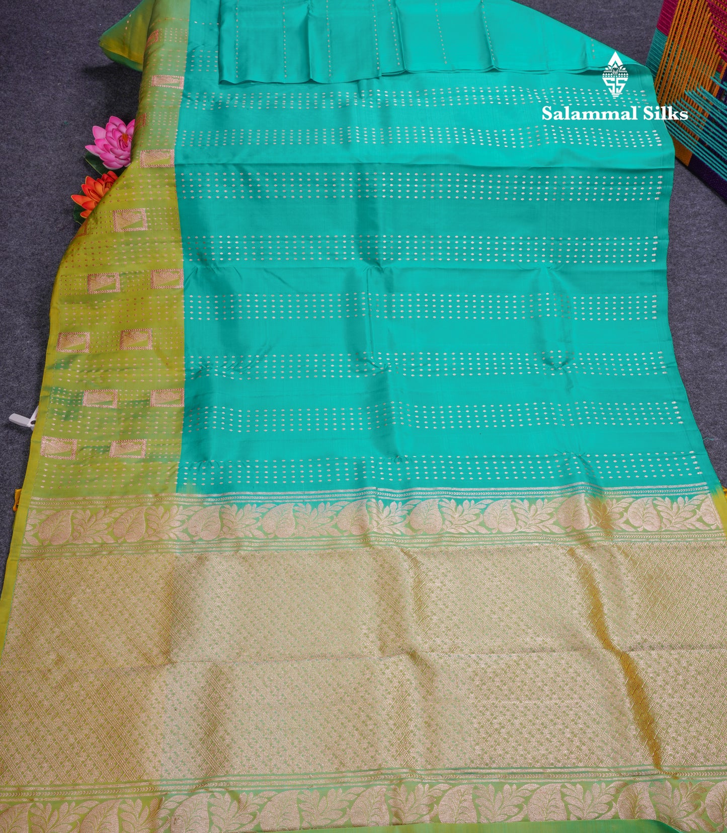 Sapphire Green Pure Silk Mix Saree With Contrast Pista Green Border