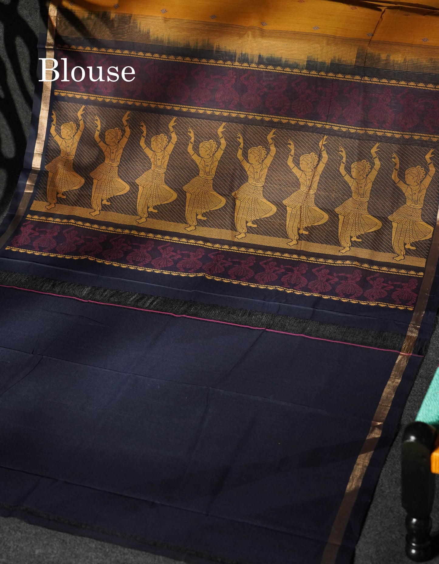 Beautiful Yellow Thread Buttas Handloom Pure Cotton Saree With Navy Blue Border