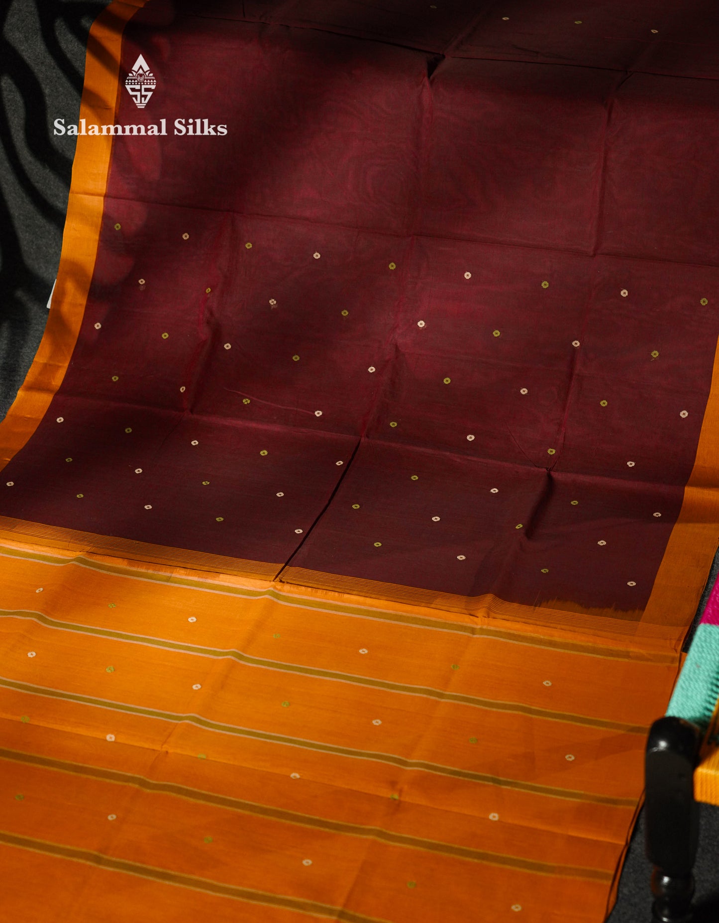 Beautiful Dark Brown Thread Work Butta Pure Cotton Saree With Contrast Dark Sandal Border