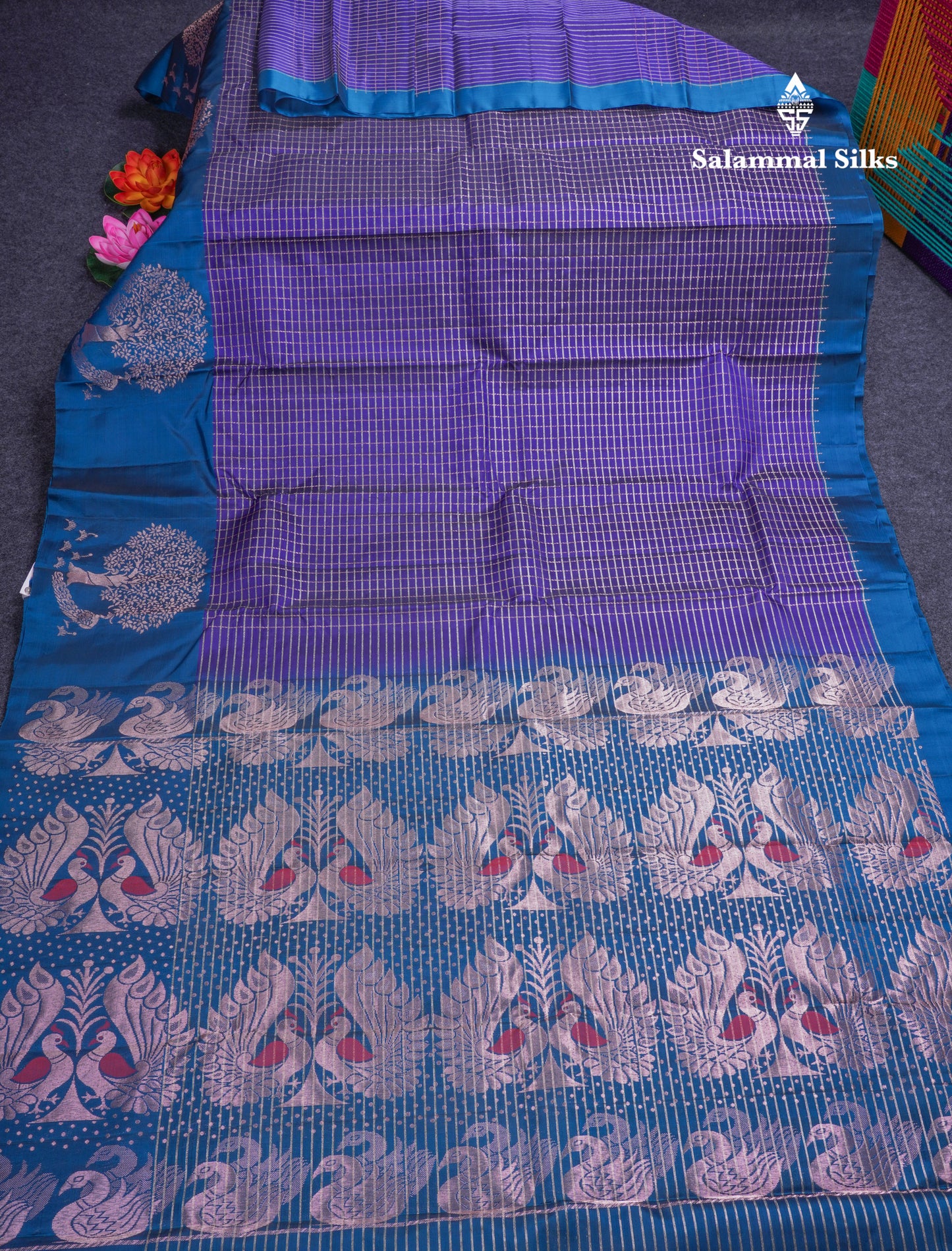Bottle Green Checks Pure Silk Mix Saree With Contrast Magenta Fancy Border
