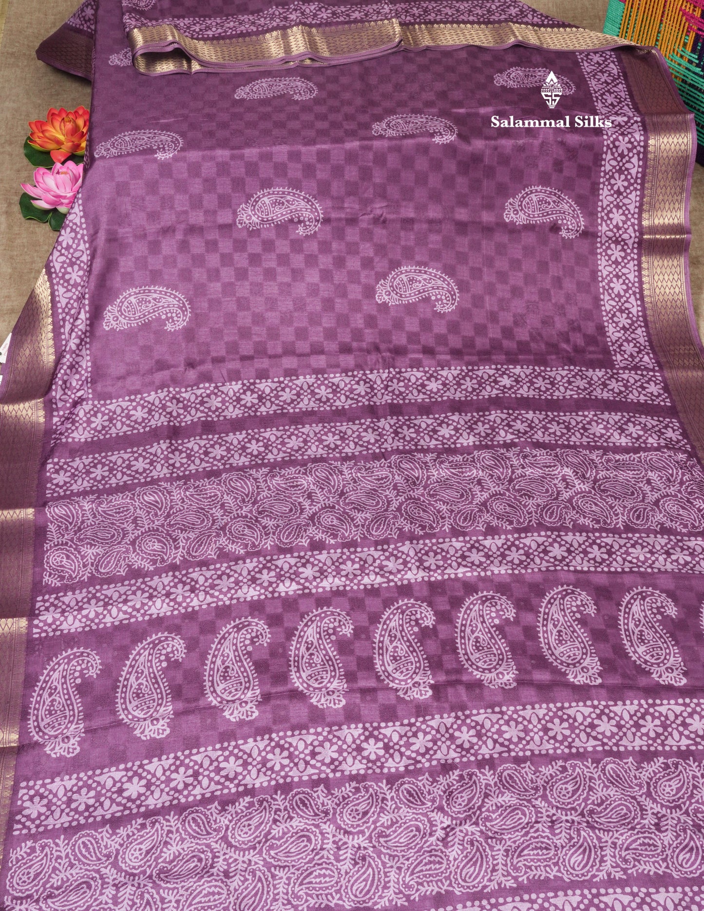 Pastel Violet Semi Dola Fancy Saree Printed Design With Traditional Zari Border