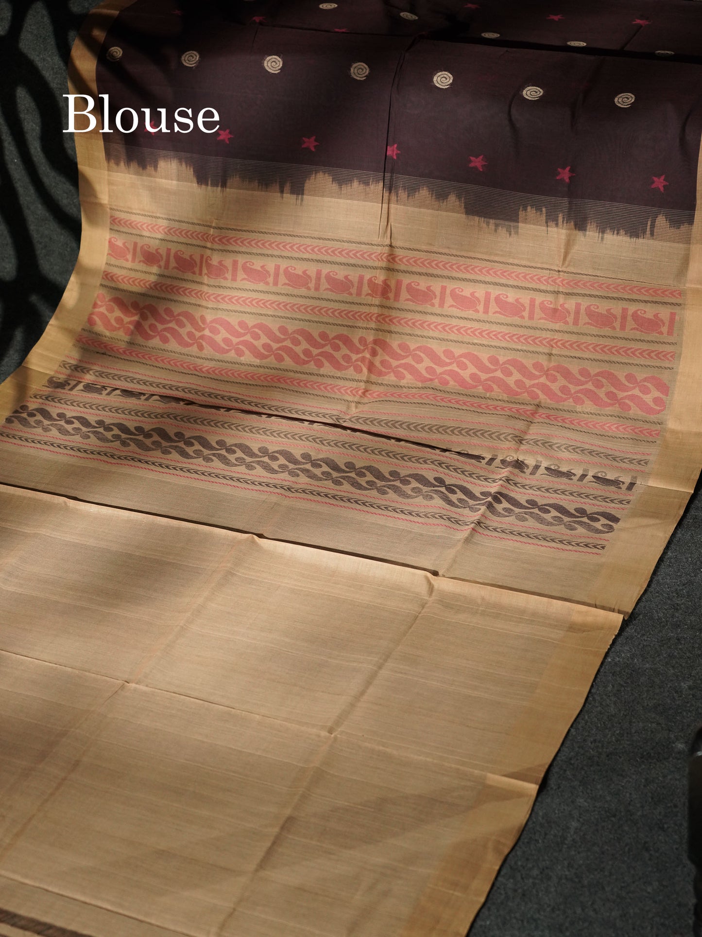 Beautiful Dark Brown Thread Work Butta Handloom Pure Cotton Saree With Contrast Sandal Border