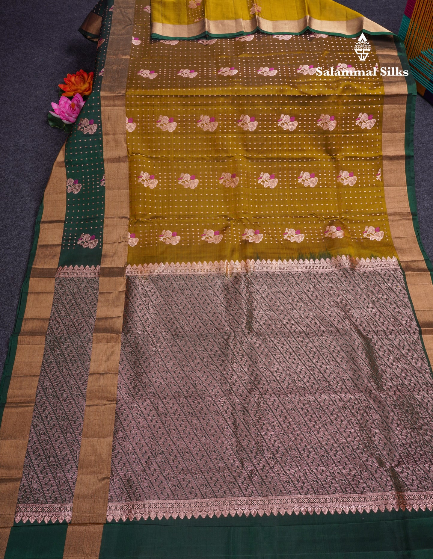 Olive Mustard Yellow Pure Silk Mix Saree With Contrast Bottle Green Border