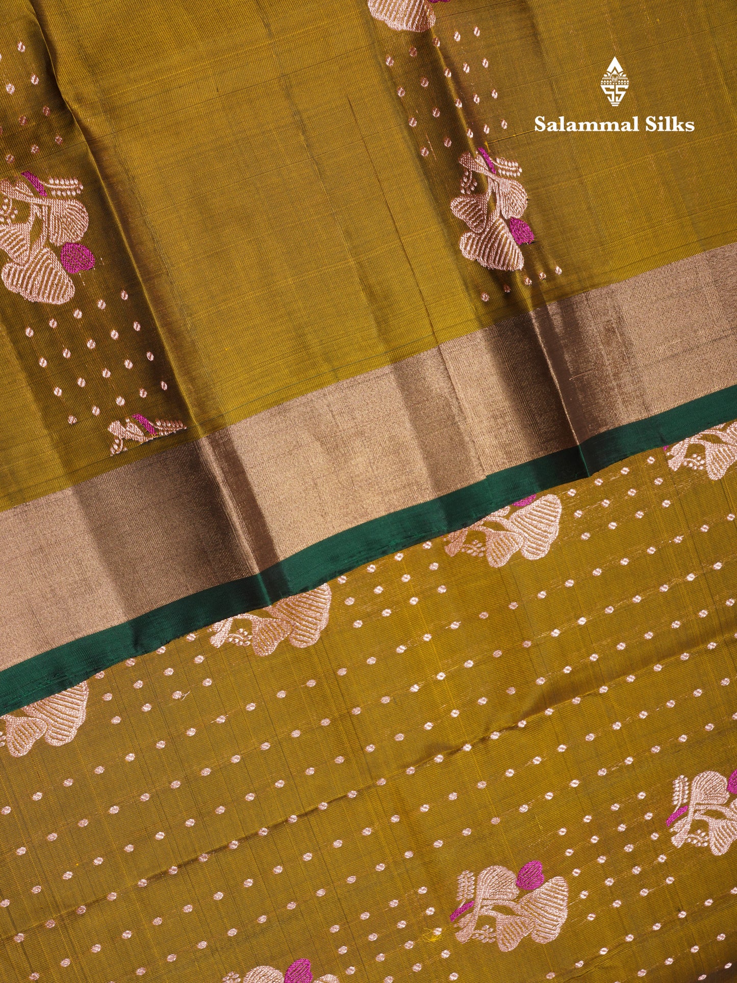 Olive Mustard Yellow Pure Silk Mix Saree With Contrast Bottle Green Border