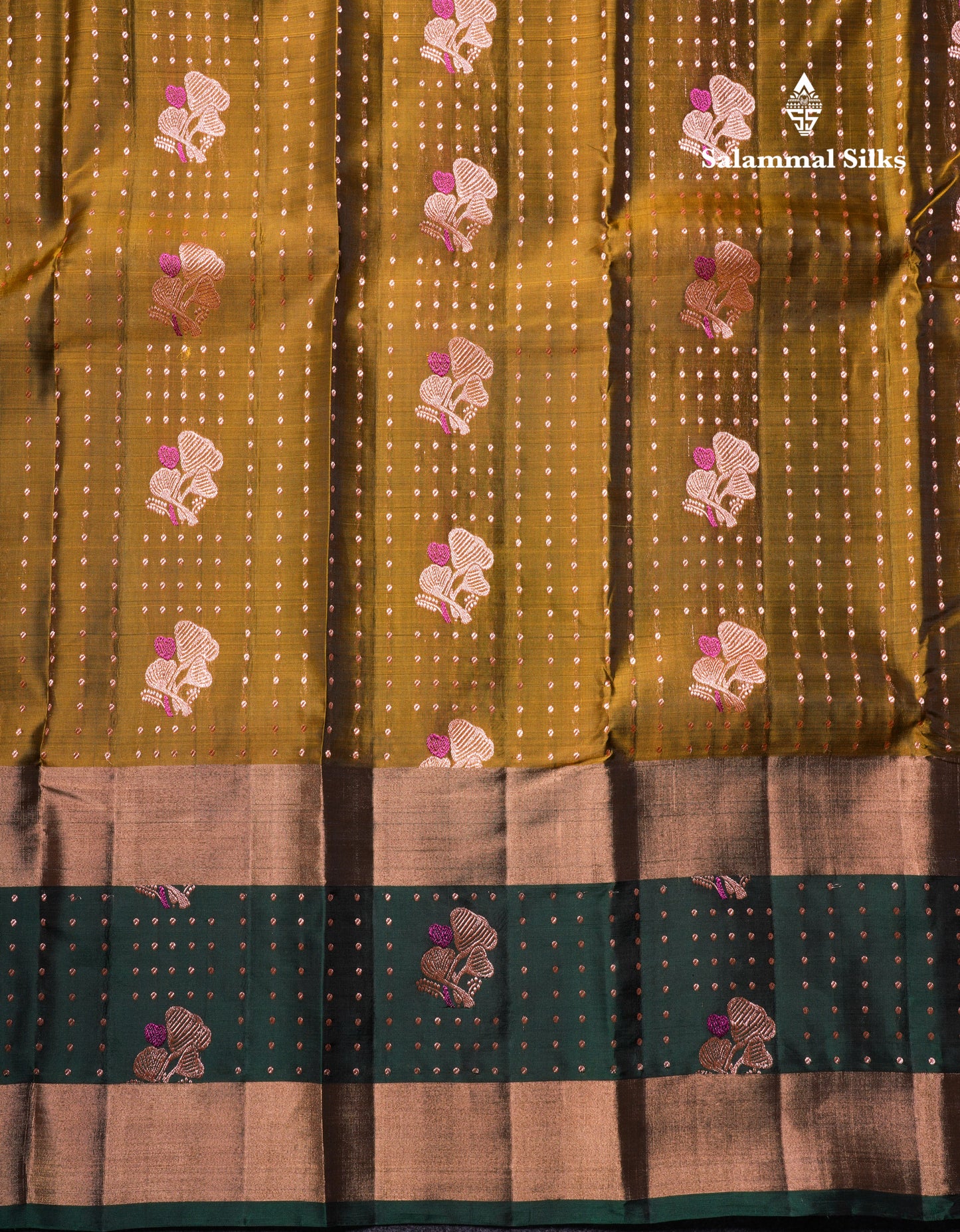 Olive Mustard Yellow Pure Silk Mix Saree With Contrast Bottle Green Border
