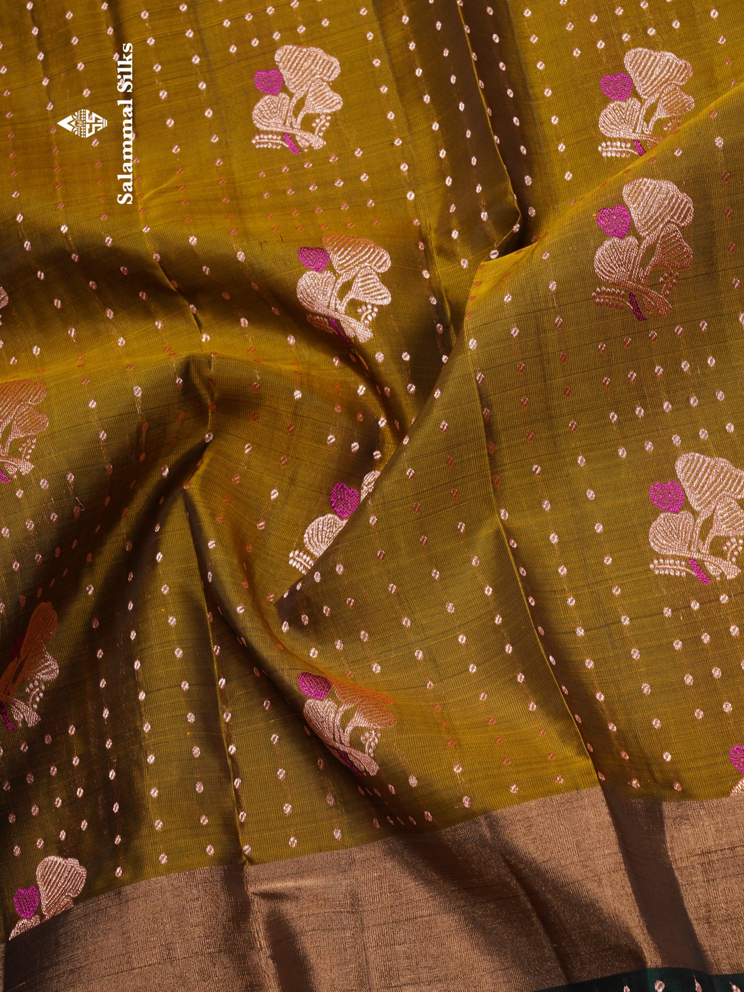 Olive Mustard Yellow Pure Silk Mix Saree With Contrast Bottle Green Border