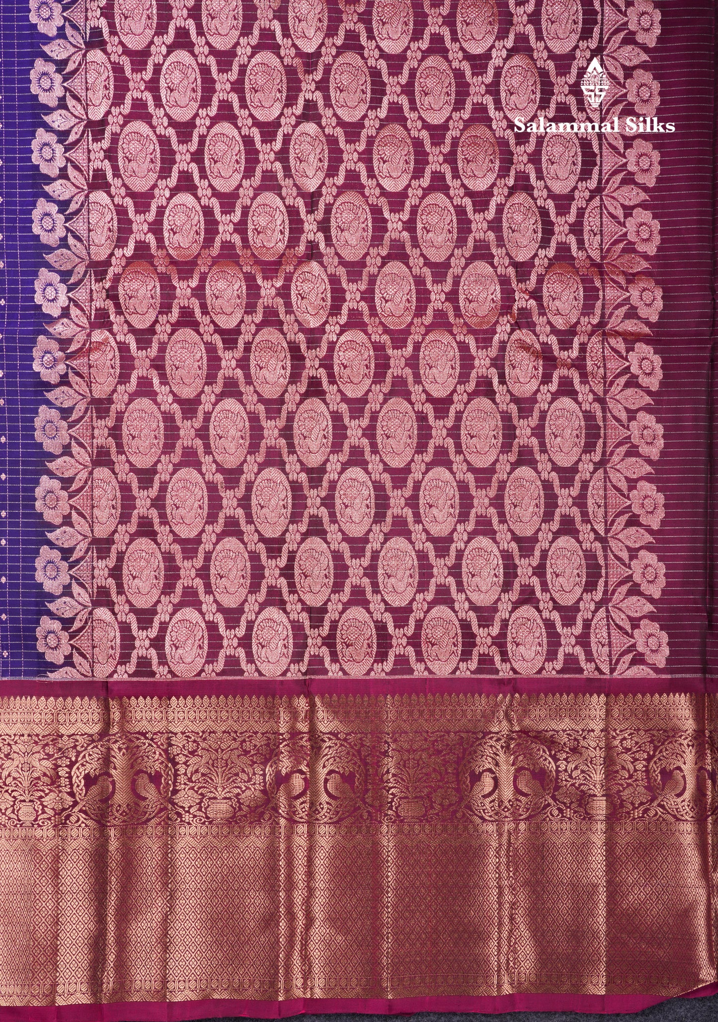 Violet Samll Checks Pure Silk Mix Saree With Contrast Magenta Long Border