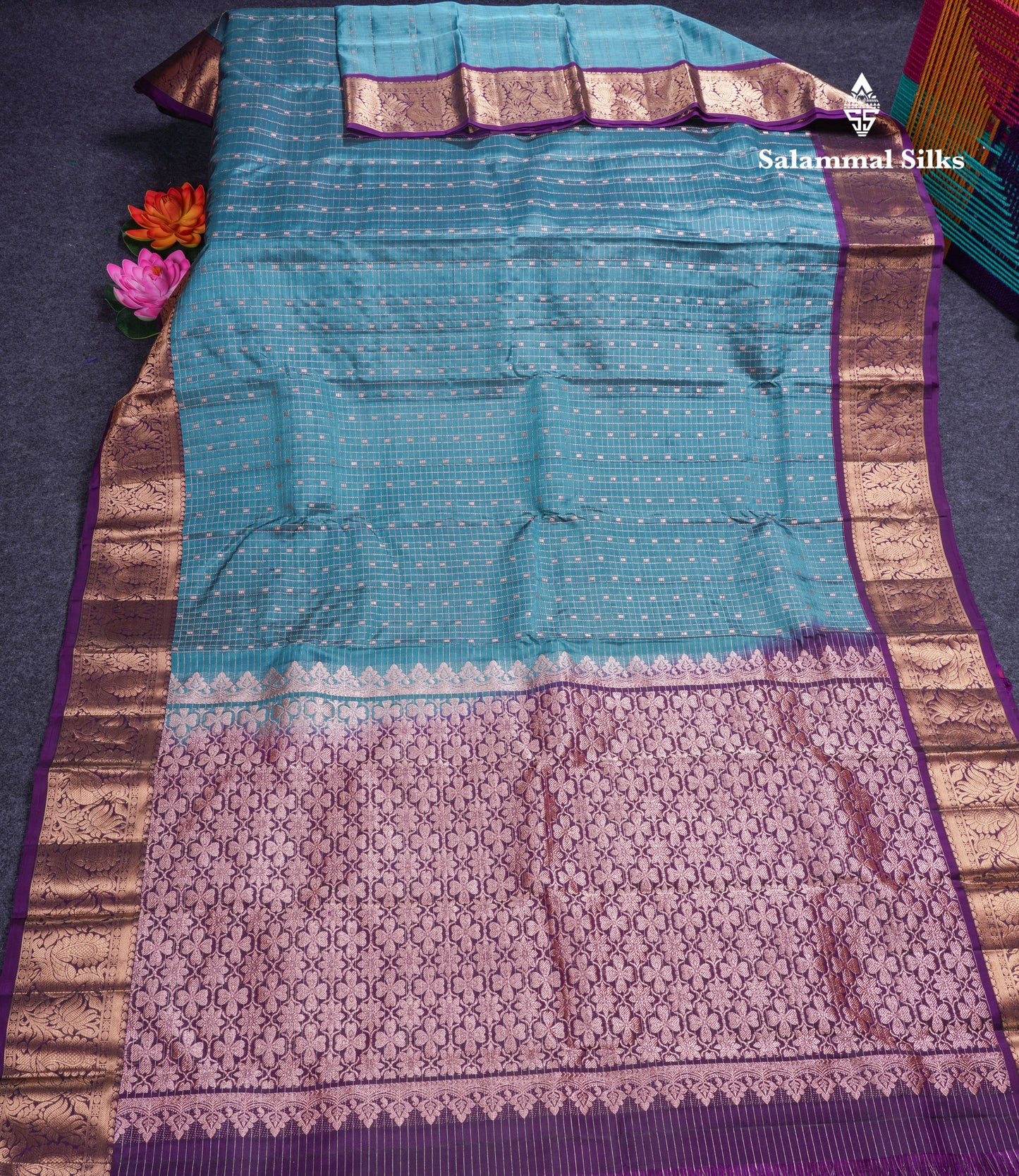 Rama Blue Small Checks Pure Silk Mix Saree With Contrast Purple Border
