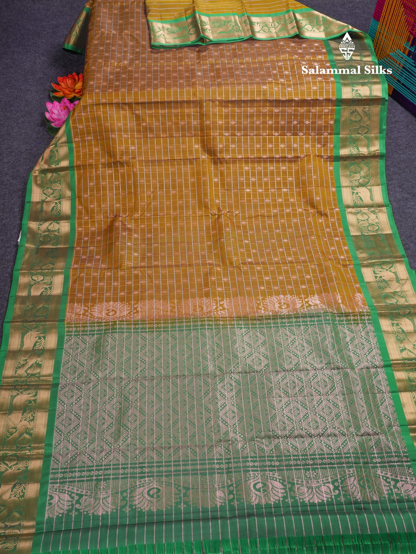 Olive Mustard Yellow Pure Silk Mix Saree With Contrast Green Border