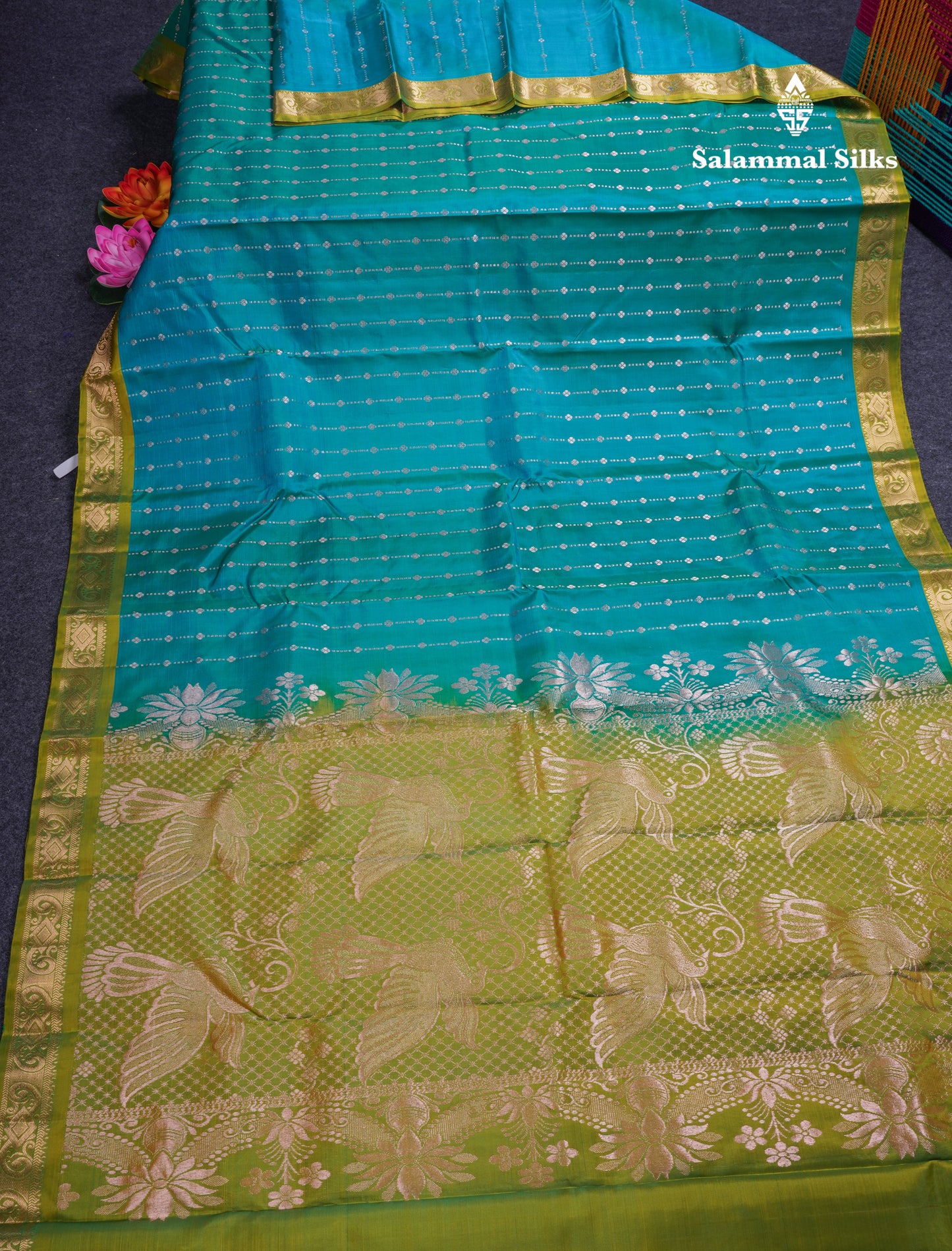 Sapphire Green Pure Silk Mix Saree With Contrast Manthulir Green Small Border