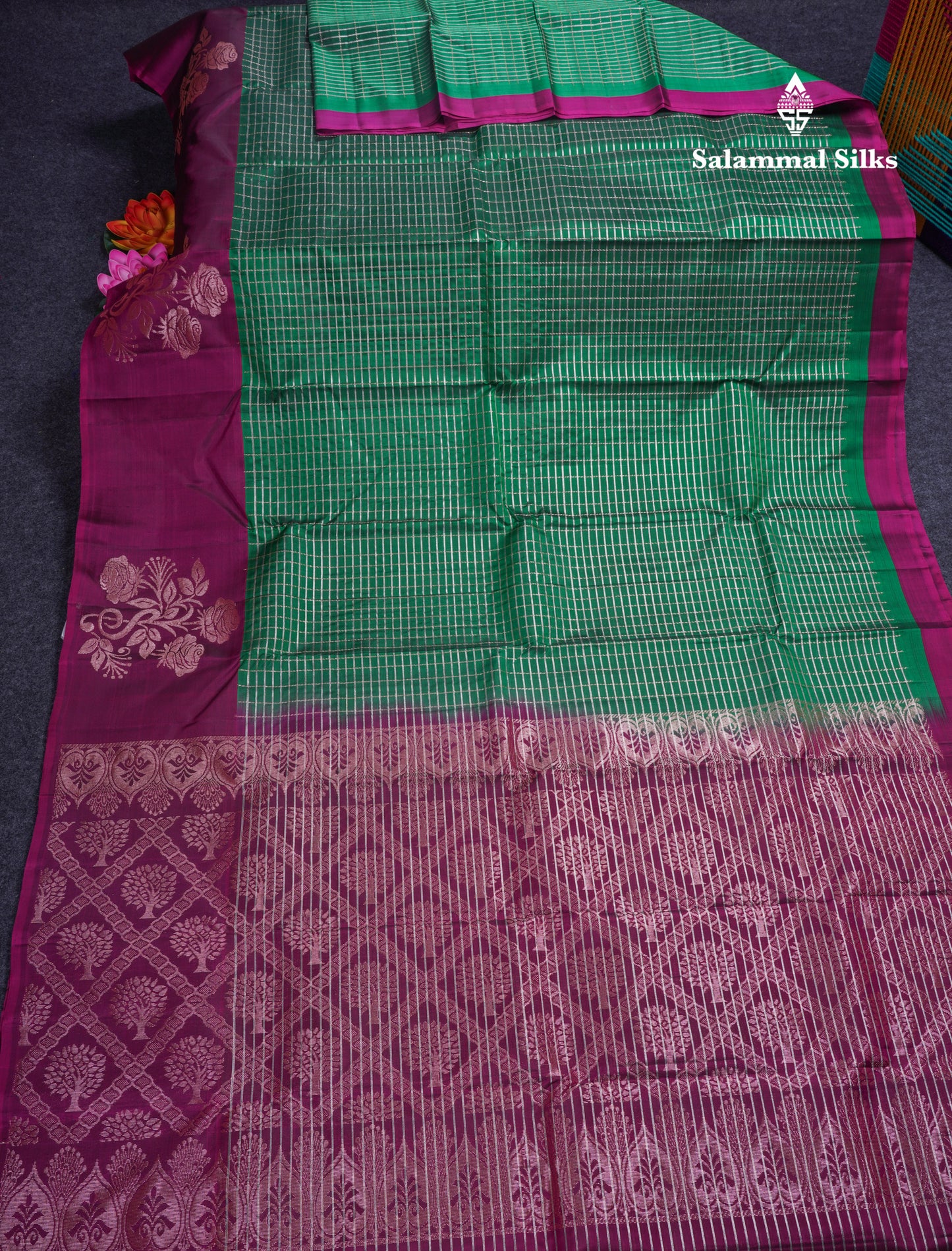 Bottle Green Checks Pure Silk Mix Saree With Contrast Magenta Fancy Border