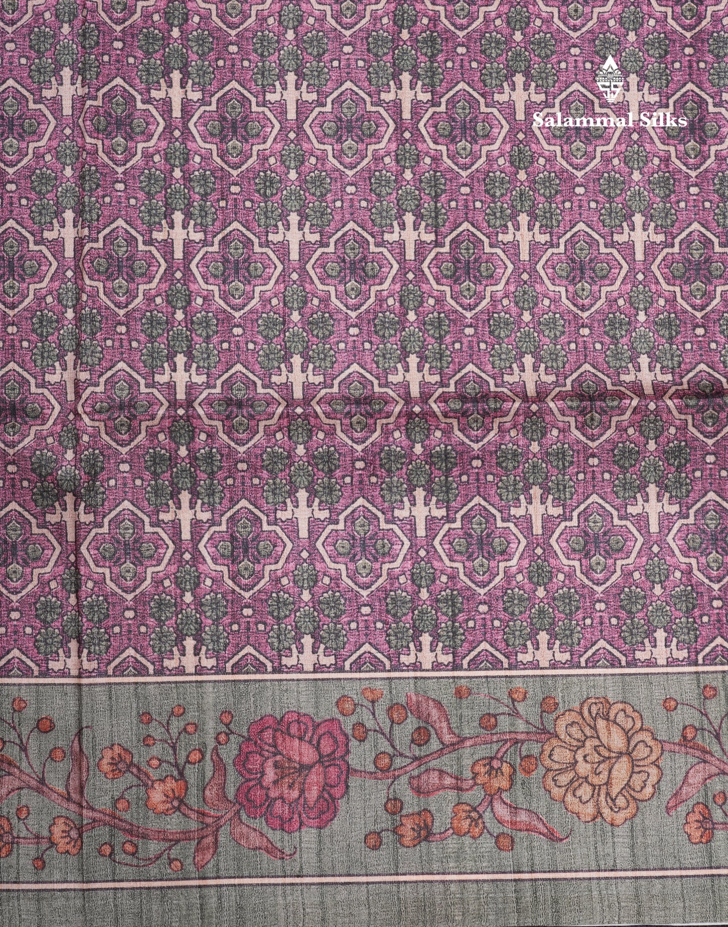 Purple Colour Semi Tussar Ajrah Kalamkari Print Saree With Contrast Pista Green Border