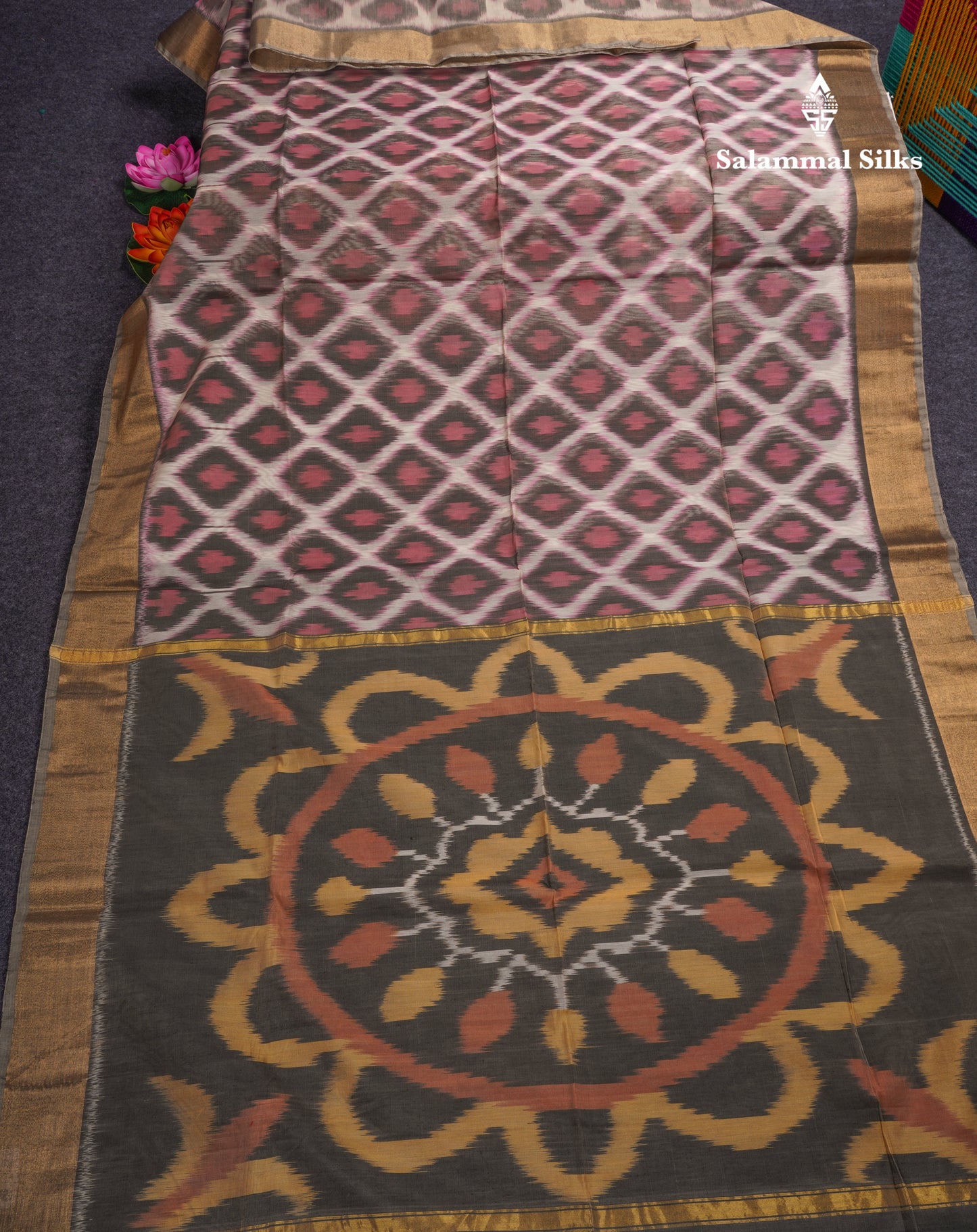 Premium White Pochampalli SICO Cotton Saree With Gold Zari Border