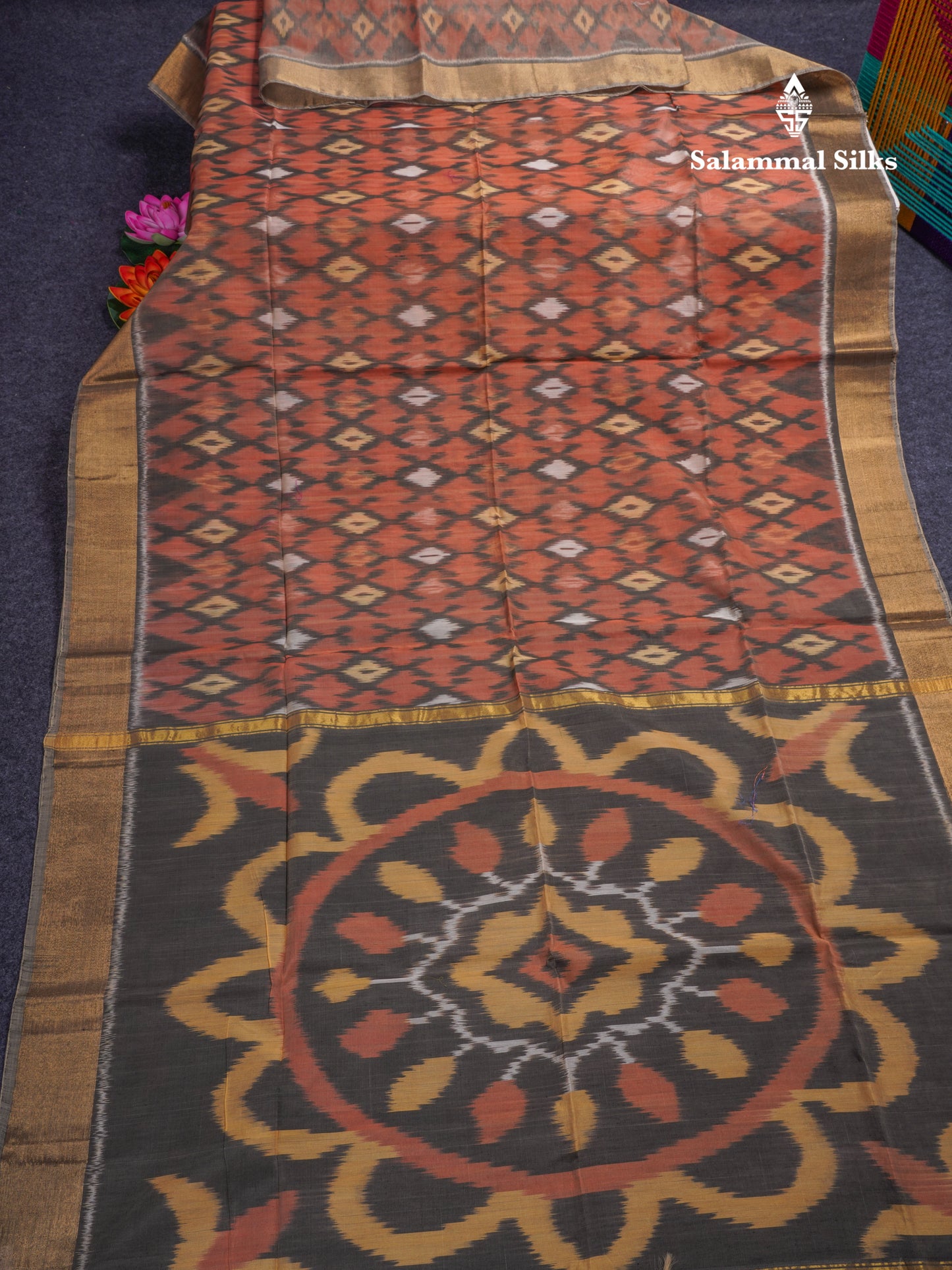 Premium Chocolate Colour Pochampalli SICO Cotton Saree With Gold Zari Border