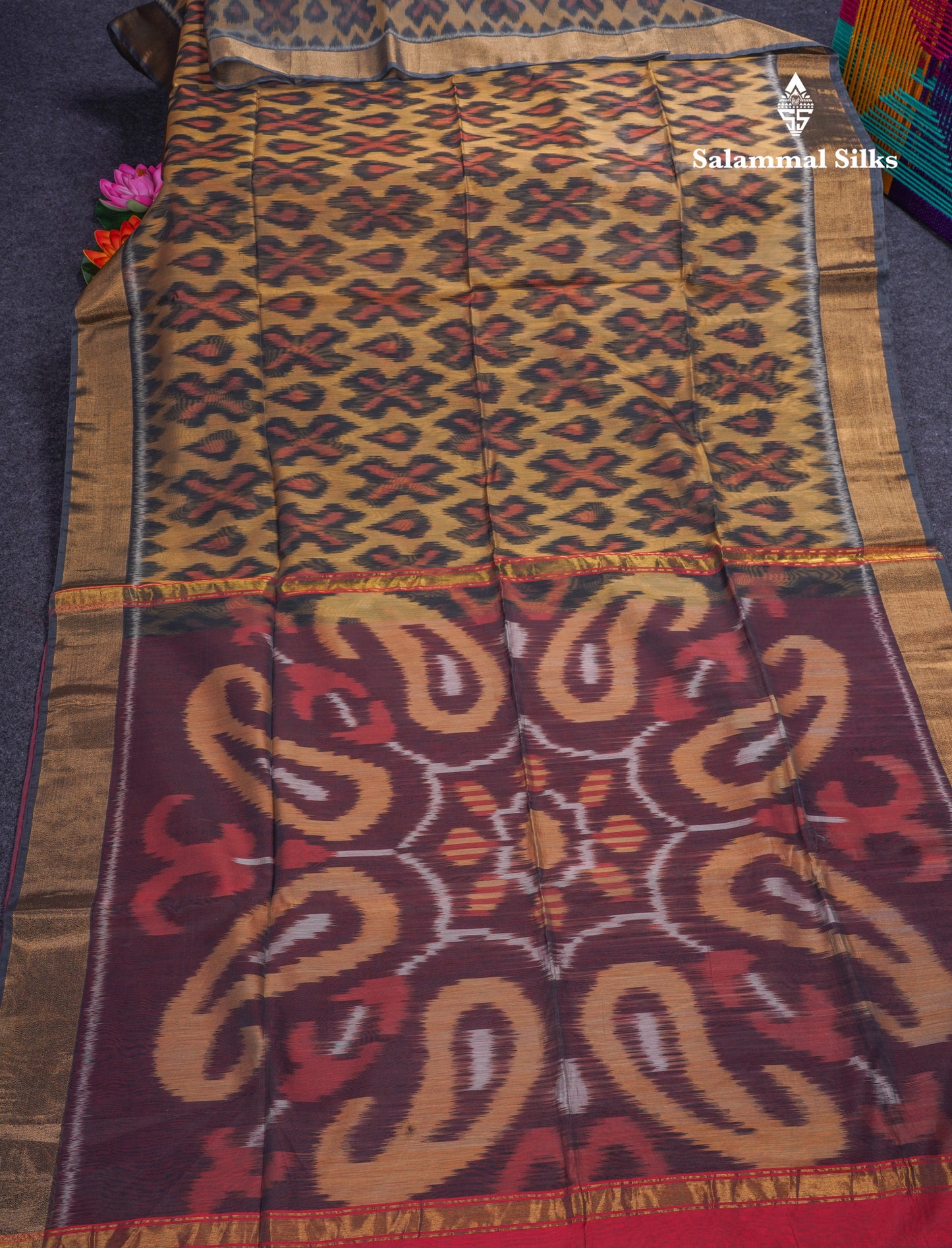 Premium Sandal Colour Pochampalli SICO Cotton Saree With Gold Zari Border