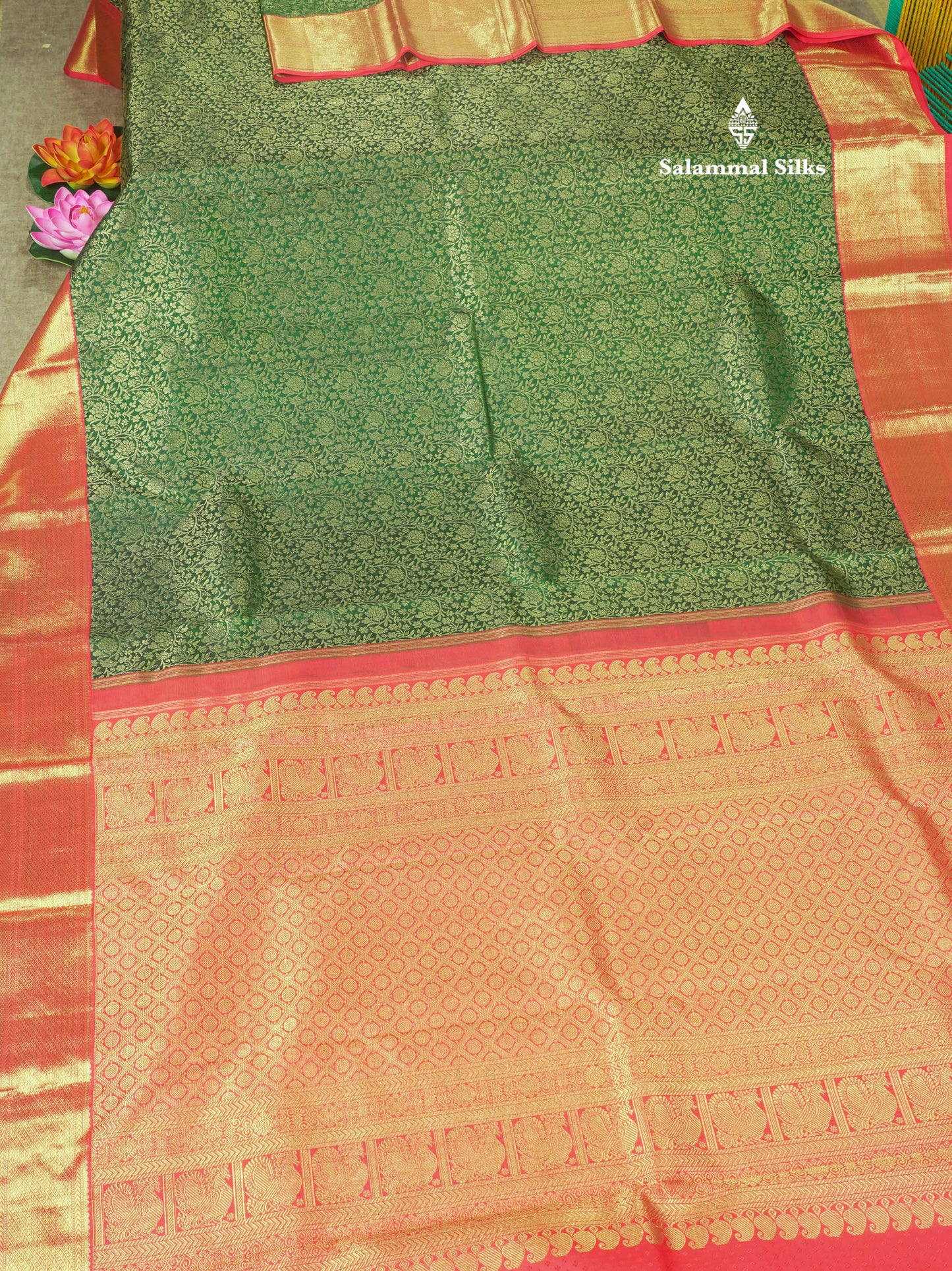 Pure Zari Beautiful Bottle Green Pure Kanjivaram Silk Saree With Contrast Red Border