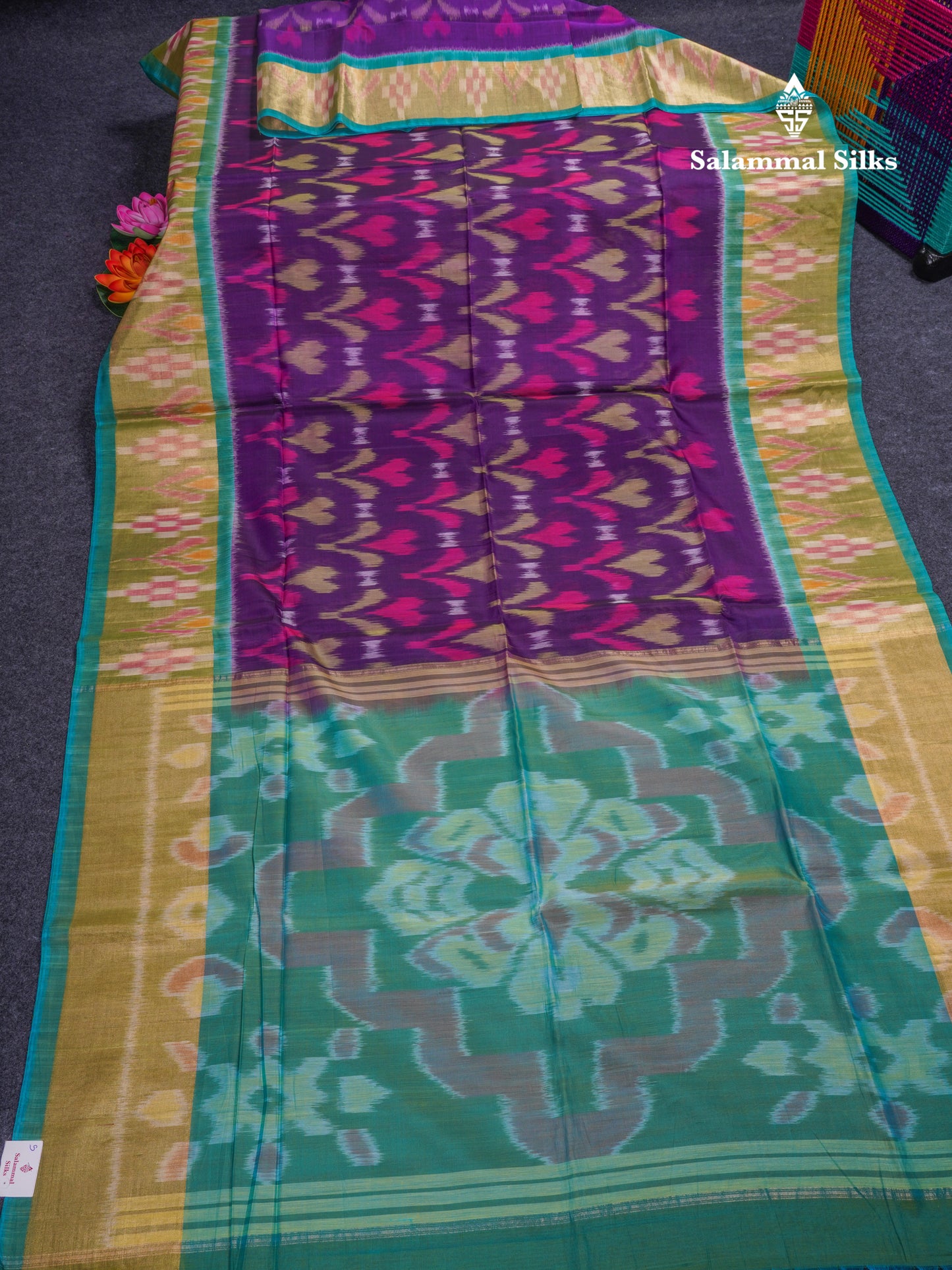 Premium Violet Pochampalli SICO Cotton Saree With Contrast Tissue Sea Green Border