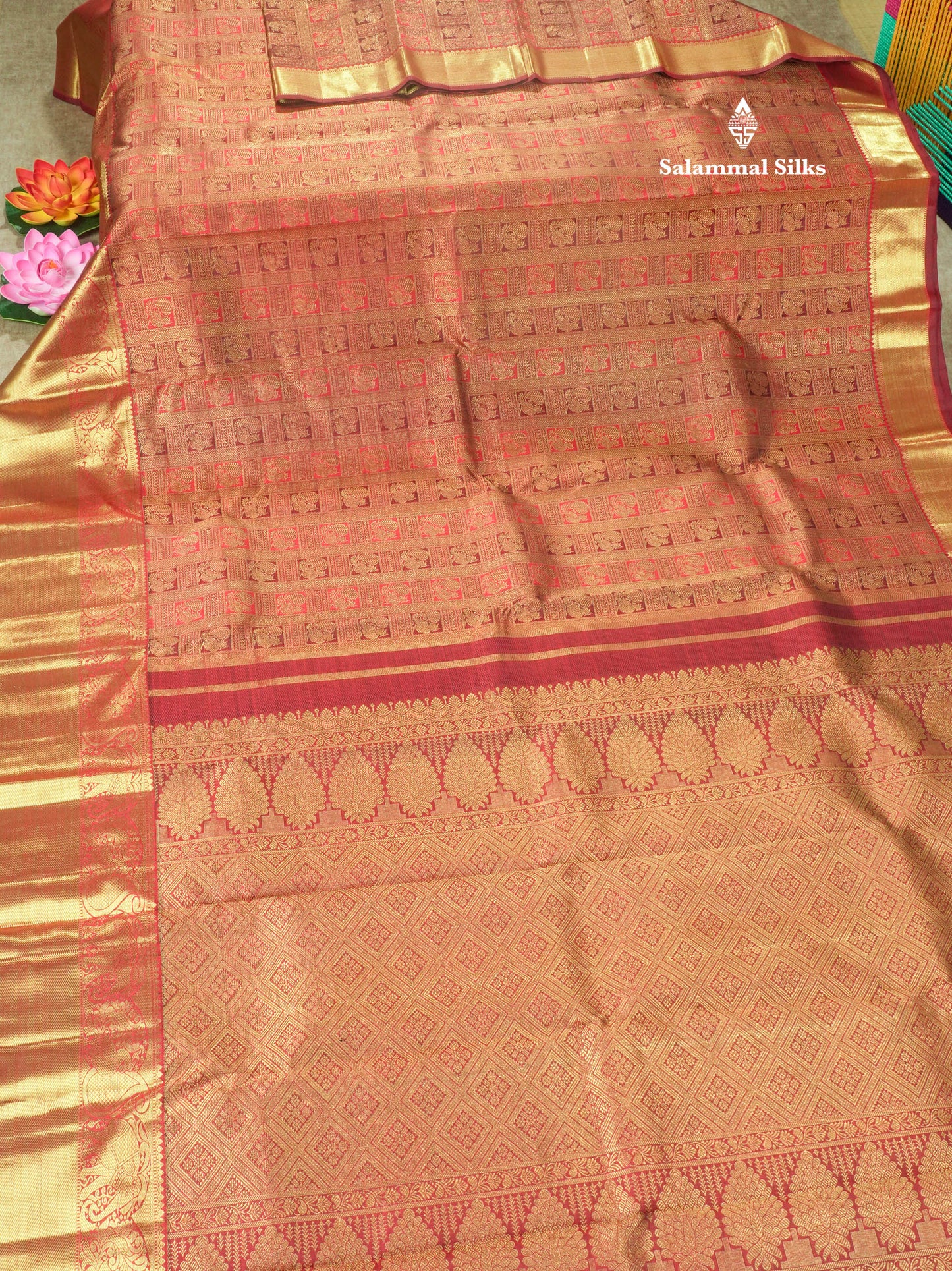 Dark Maroon Pure Kanjivaram Traditional Silk Saree Pure zari (3Gram) with Long Gold Zari Border
