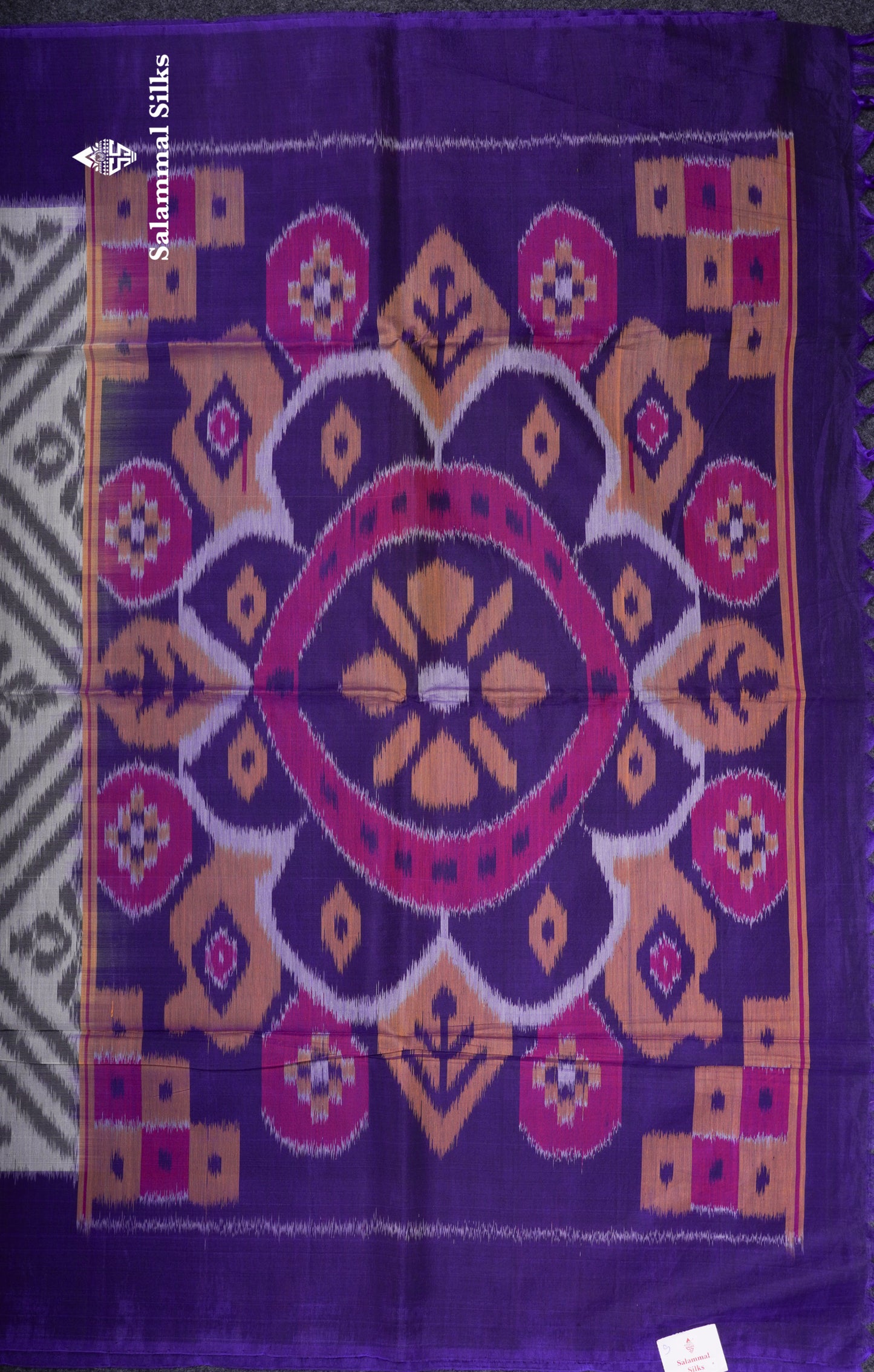 Premium White Pochampalli SICO Cotton Saree With Contrast Violet Border