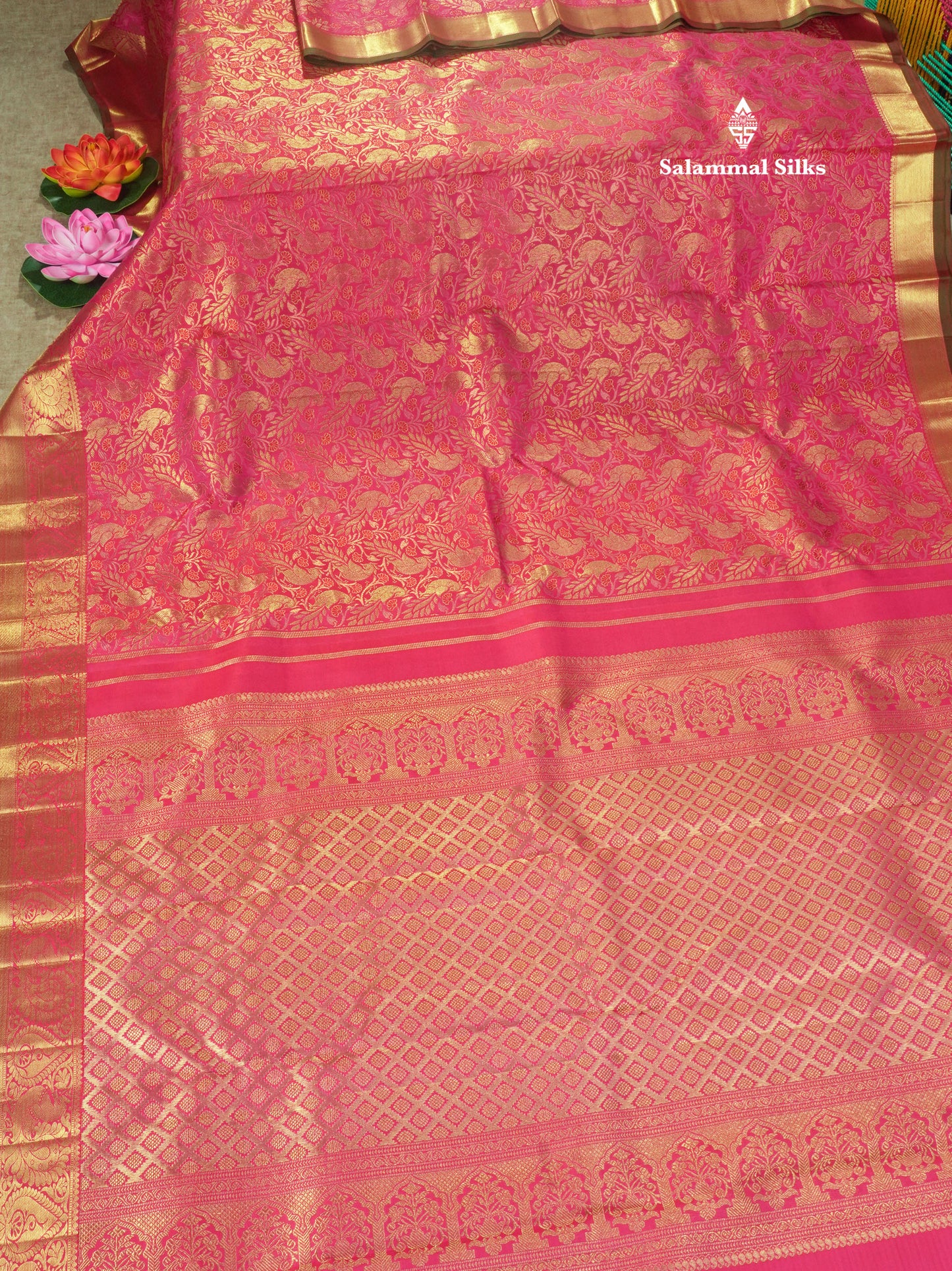 Pink Shade Pure Kanjivaram Silk Pure Zari Saree with Traditional Gold Zari Border